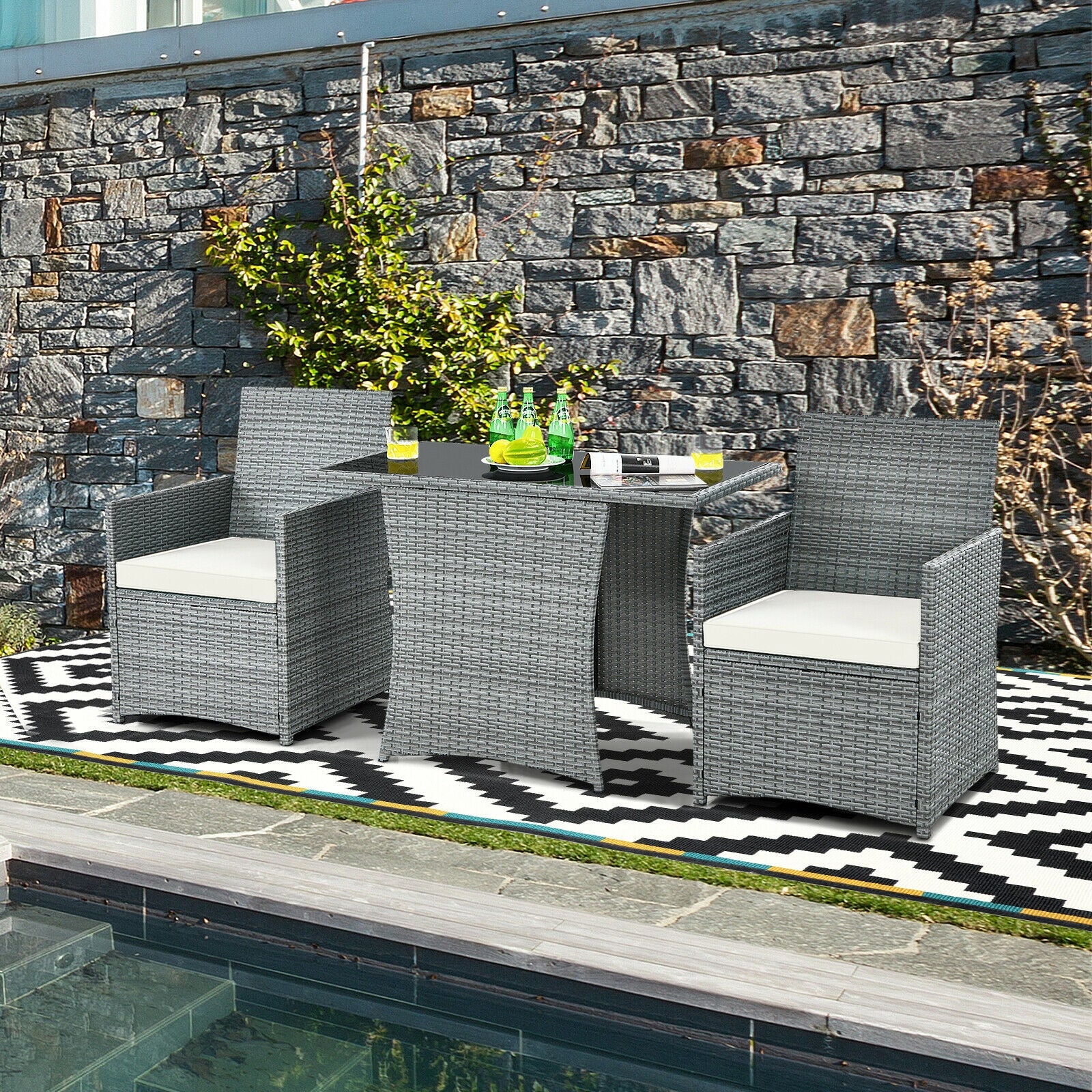 3 Piece Patio Rattan Furniture Set, Cushioned Armrest Sofa, White - Image 8