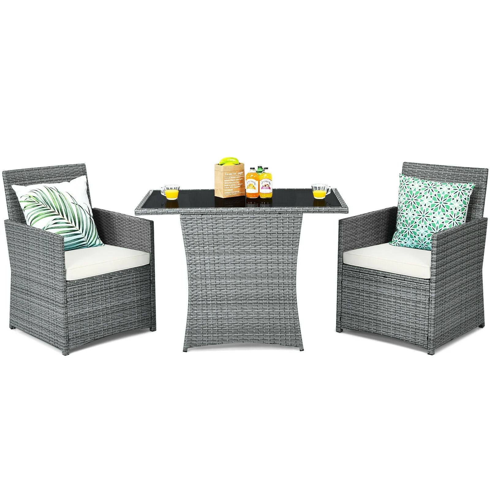 3 Piece Patio Rattan Furniture Set, Cushioned Armrest Sofa, White - Image 9