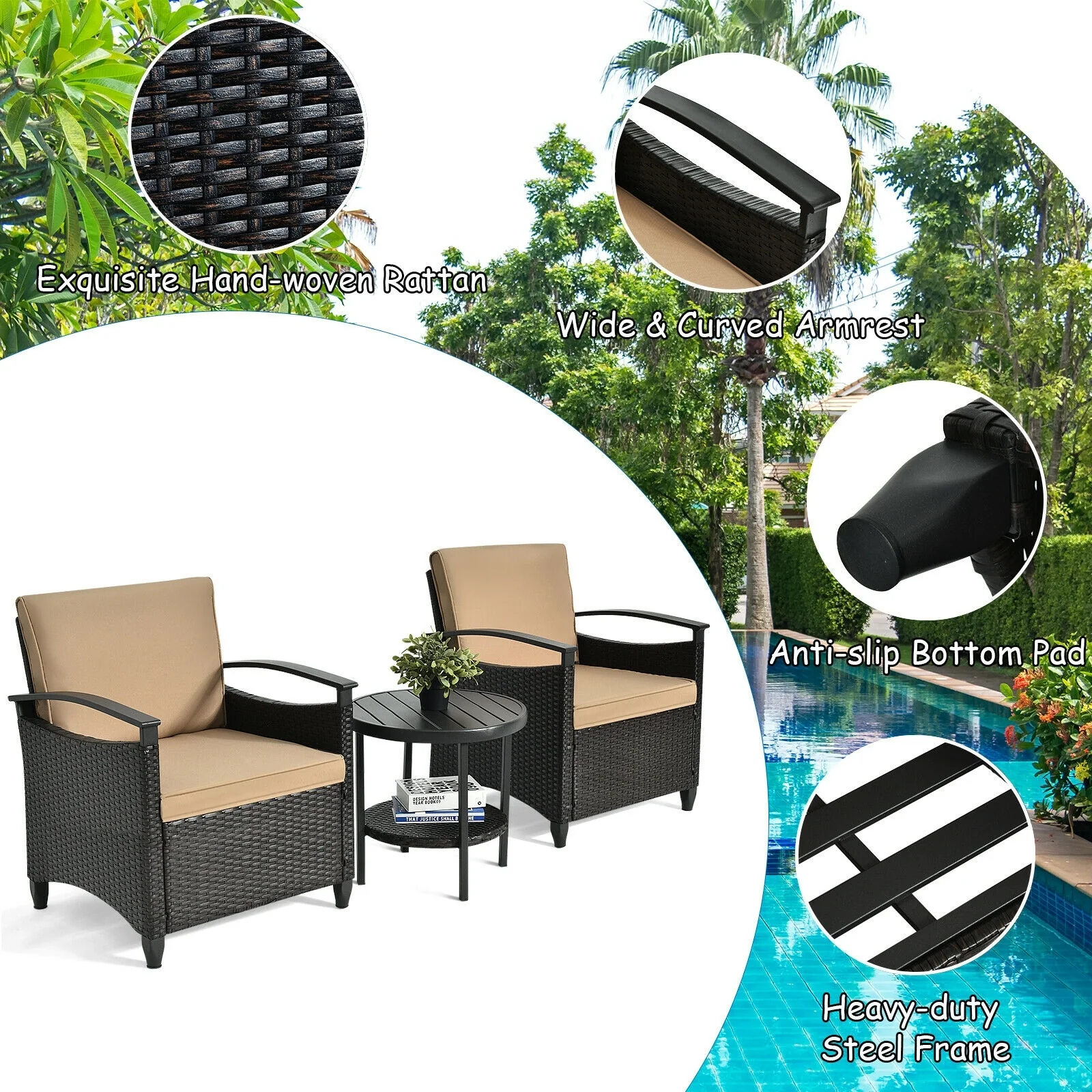 3 Piece Patio Rattan Furniture Set, Cushioned Sofa, Storage Table, Brown - Image 10