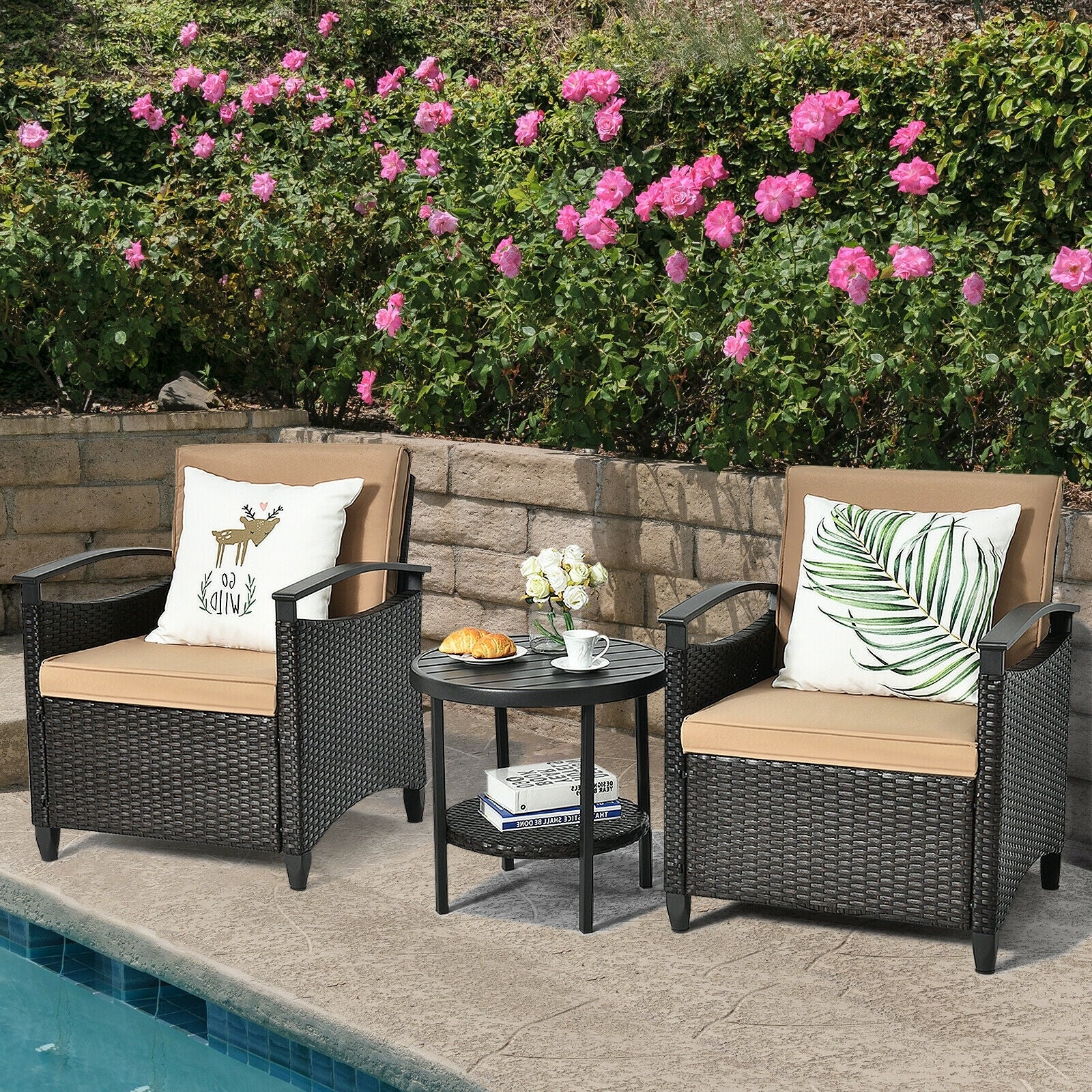 3 Piece Patio Rattan Furniture Set, Cushioned Sofa, Storage Table, Brown - Image 4