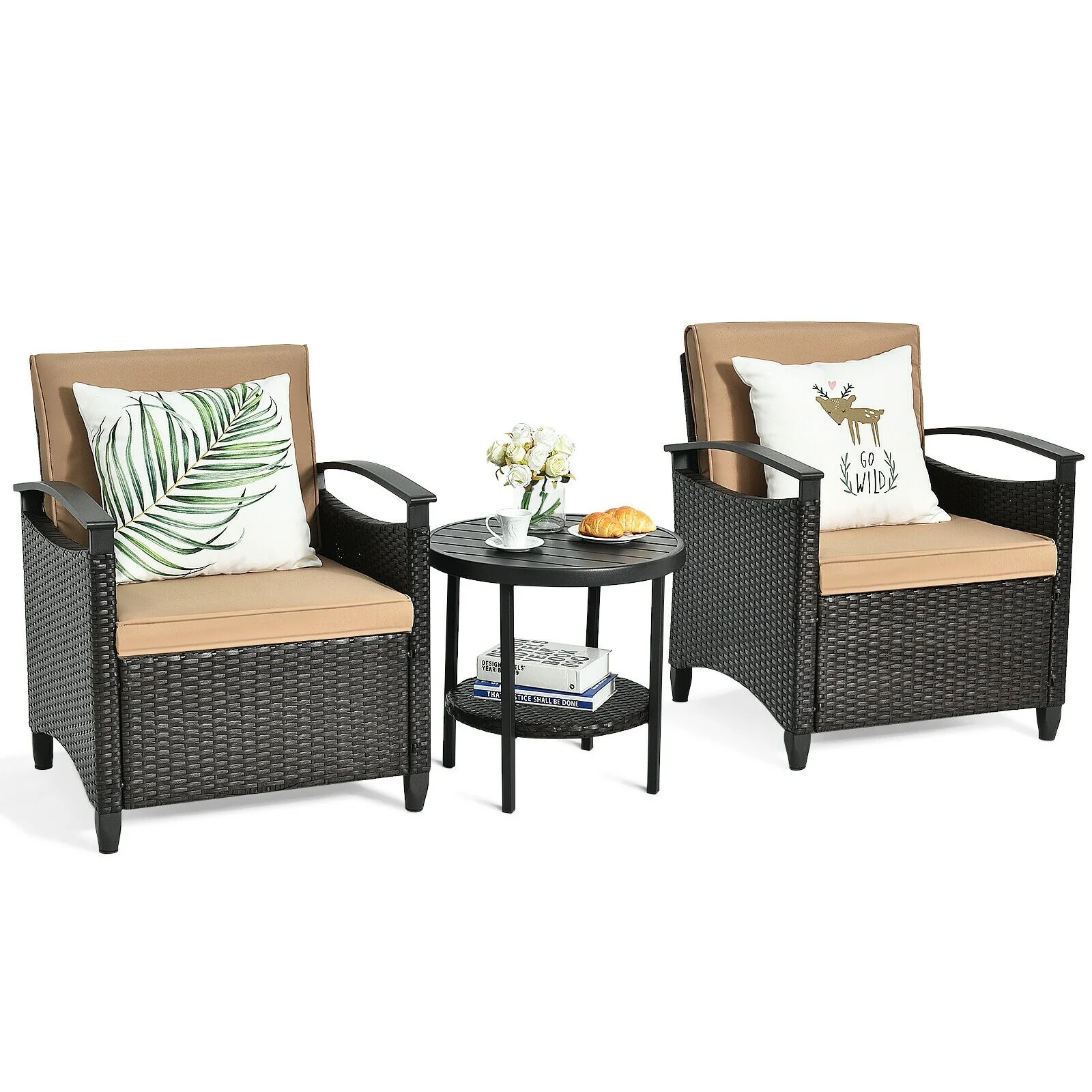 3 Piece Patio Rattan Furniture Set, Cushioned Sofa, Storage Table, Brown - Image 6