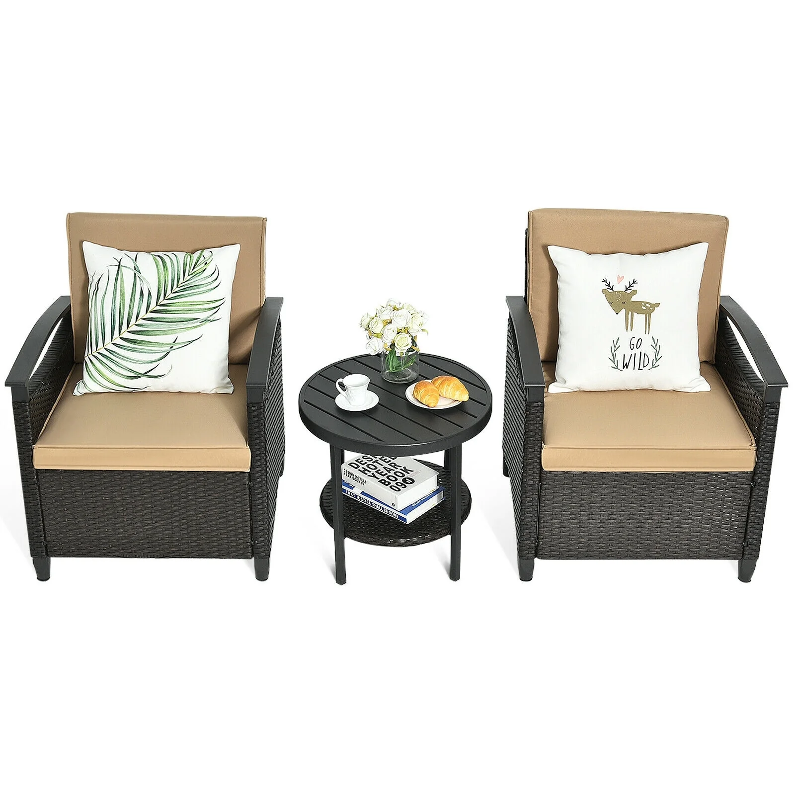 3 Piece Patio Rattan Furniture Set, Cushioned Sofa, Storage Table, Brown - Image 7