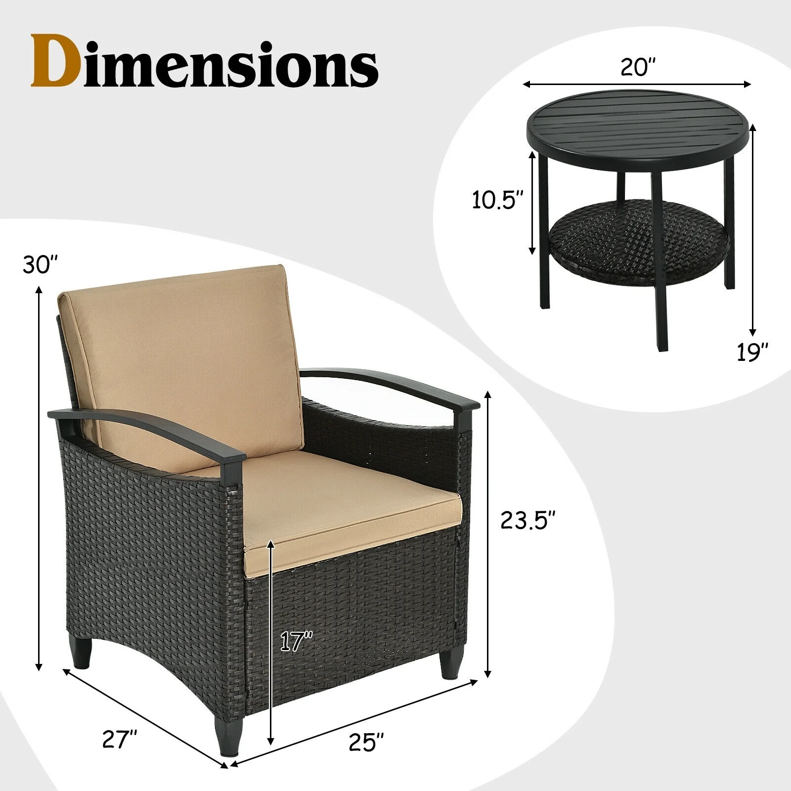 3 Piece Patio Rattan Furniture Set, Cushioned Sofa, Storage Table, Brown - Image 9