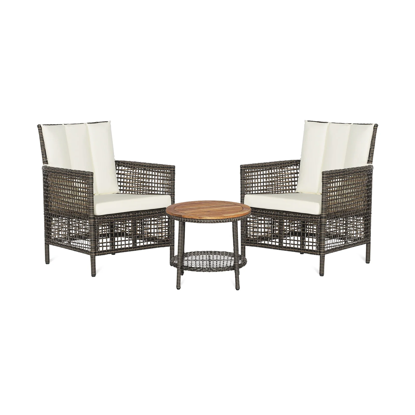 3 Piece Patio Rattan Furniture Set, Cushioned Sofas, Wood Table Top, White - Image 2
