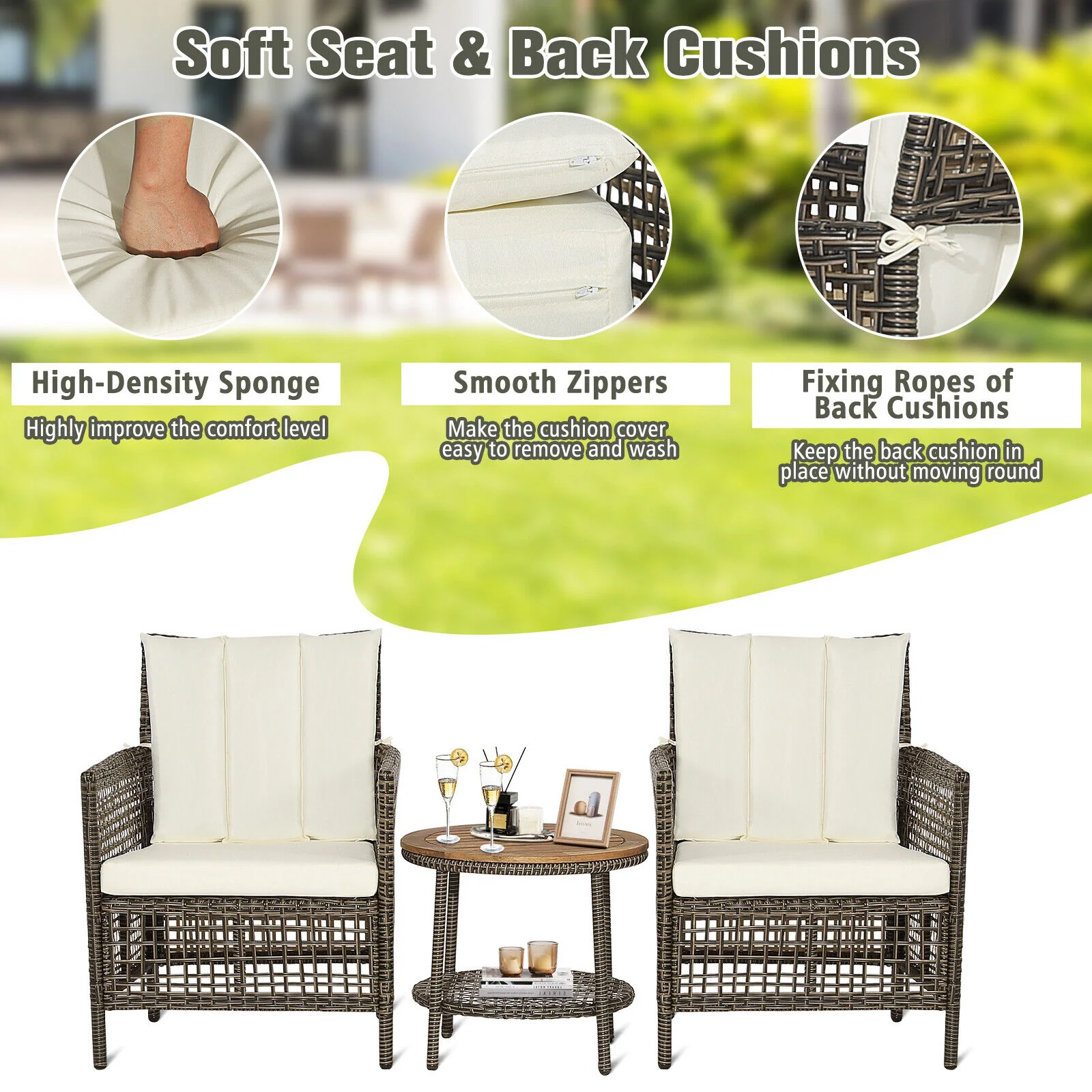 3 Piece Patio Rattan Furniture Set, Cushioned Sofas, Wood Table Top, White - Image 4