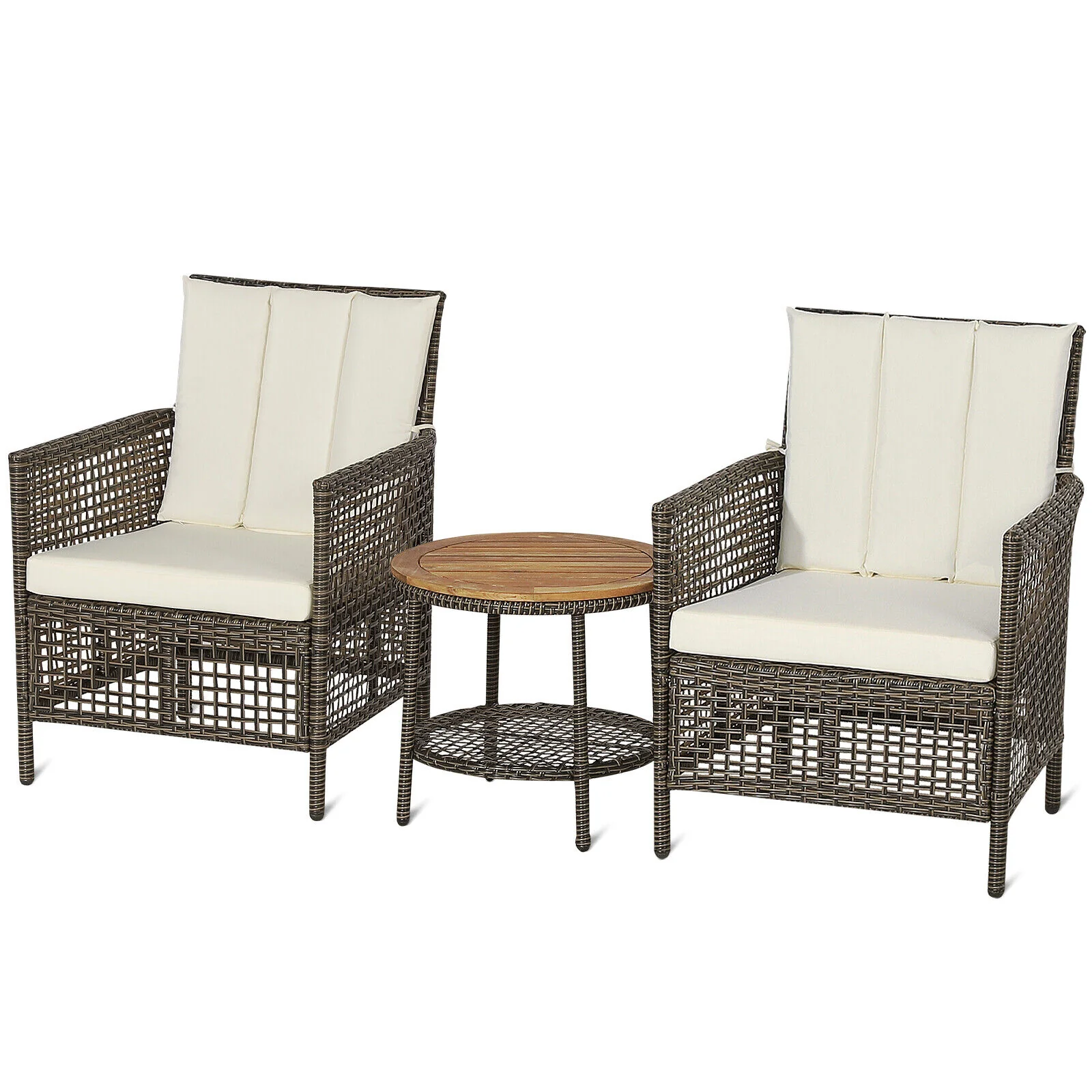 3 Piece Patio Rattan Furniture Set, Cushioned Sofas, Wood Table Top, White - Image 5