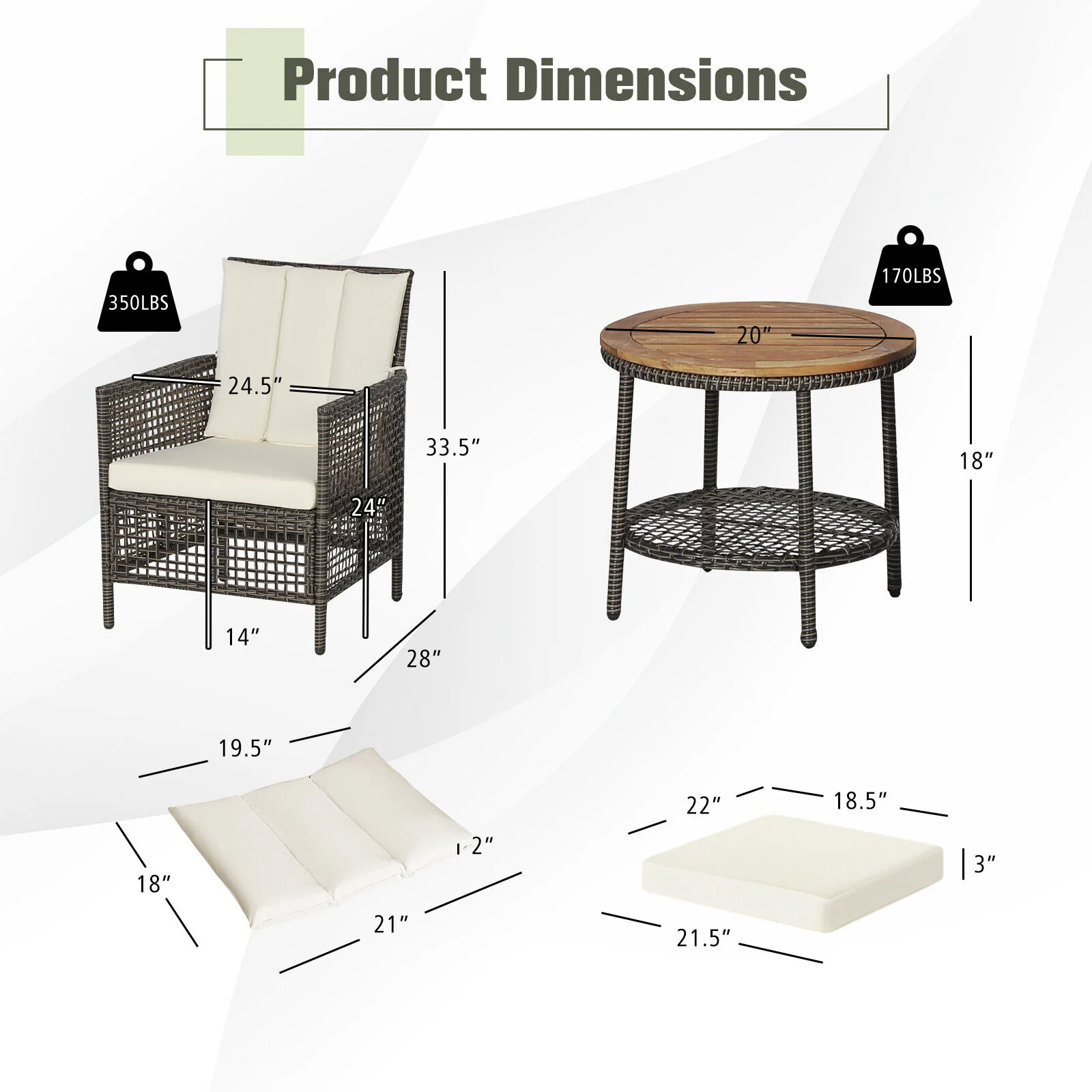3 Piece Patio Rattan Furniture Set, Cushioned Sofas, Wood Table Top, White - Image 6