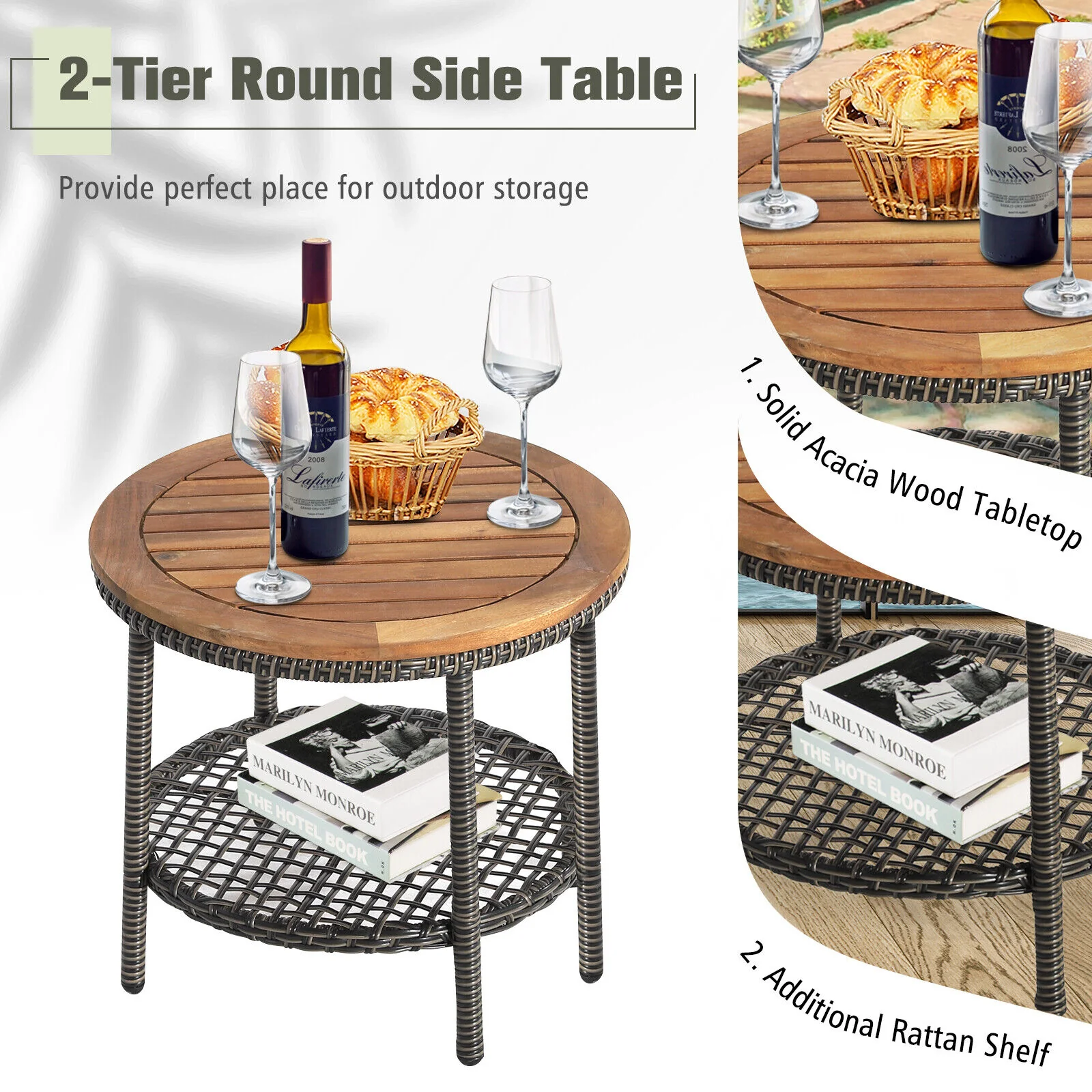 3 Piece Patio Rattan Furniture Set, Cushioned Sofas, Wood Table Top, White - Image 9
