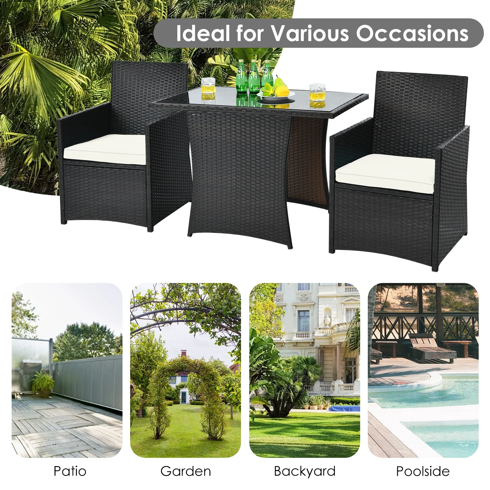 3 Piece Patio Rattan Furniture Set, White - Image 10
