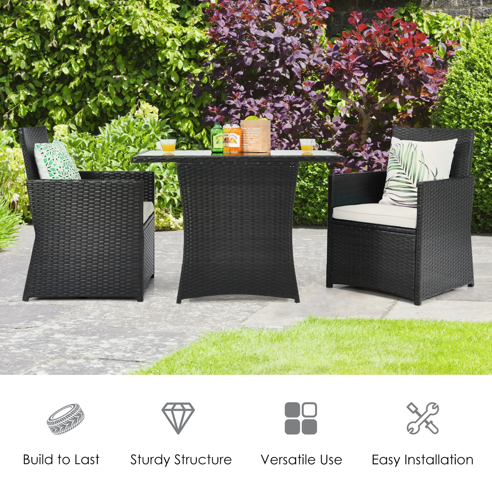 3 Piece Patio Rattan Furniture Set, White - Image 3