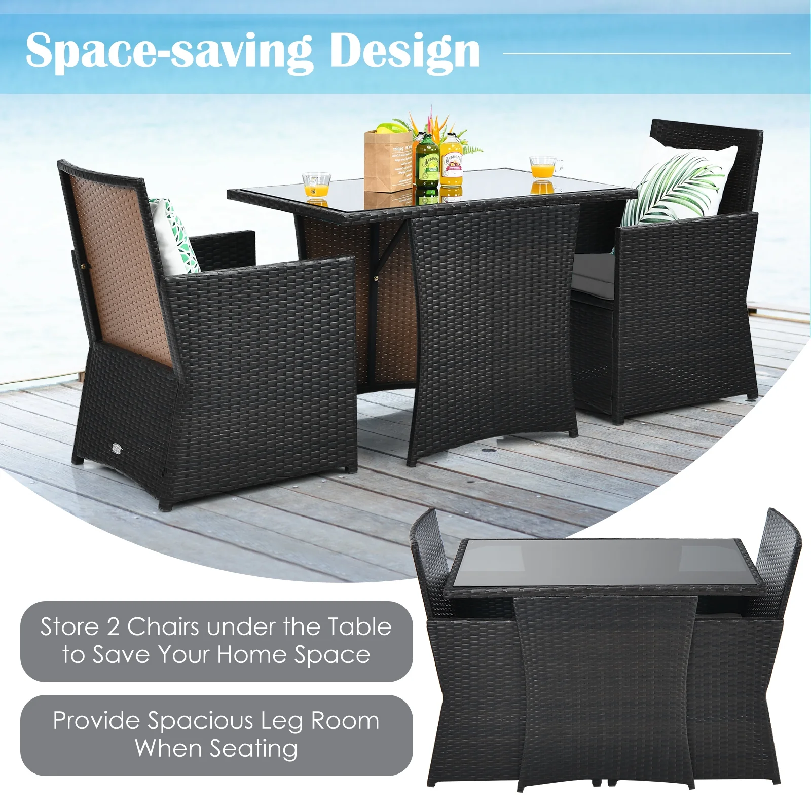3 Piece Patio Rattan Furniture Set, With Cushion And Sofa Armrest, Gray - Image 10