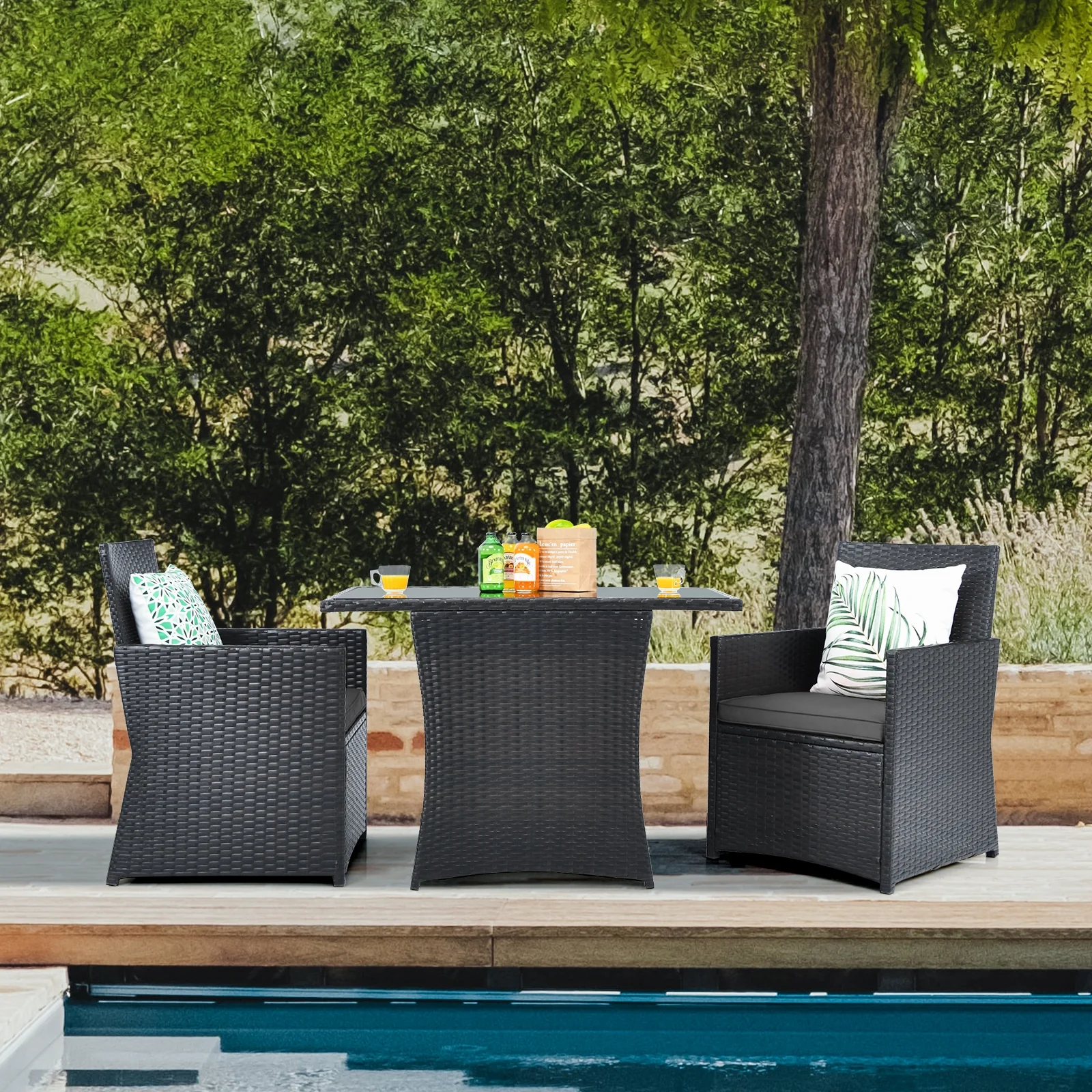 3 Piece Patio Rattan Furniture Set, With Cushion And Sofa Armrest, Gray - Image 2