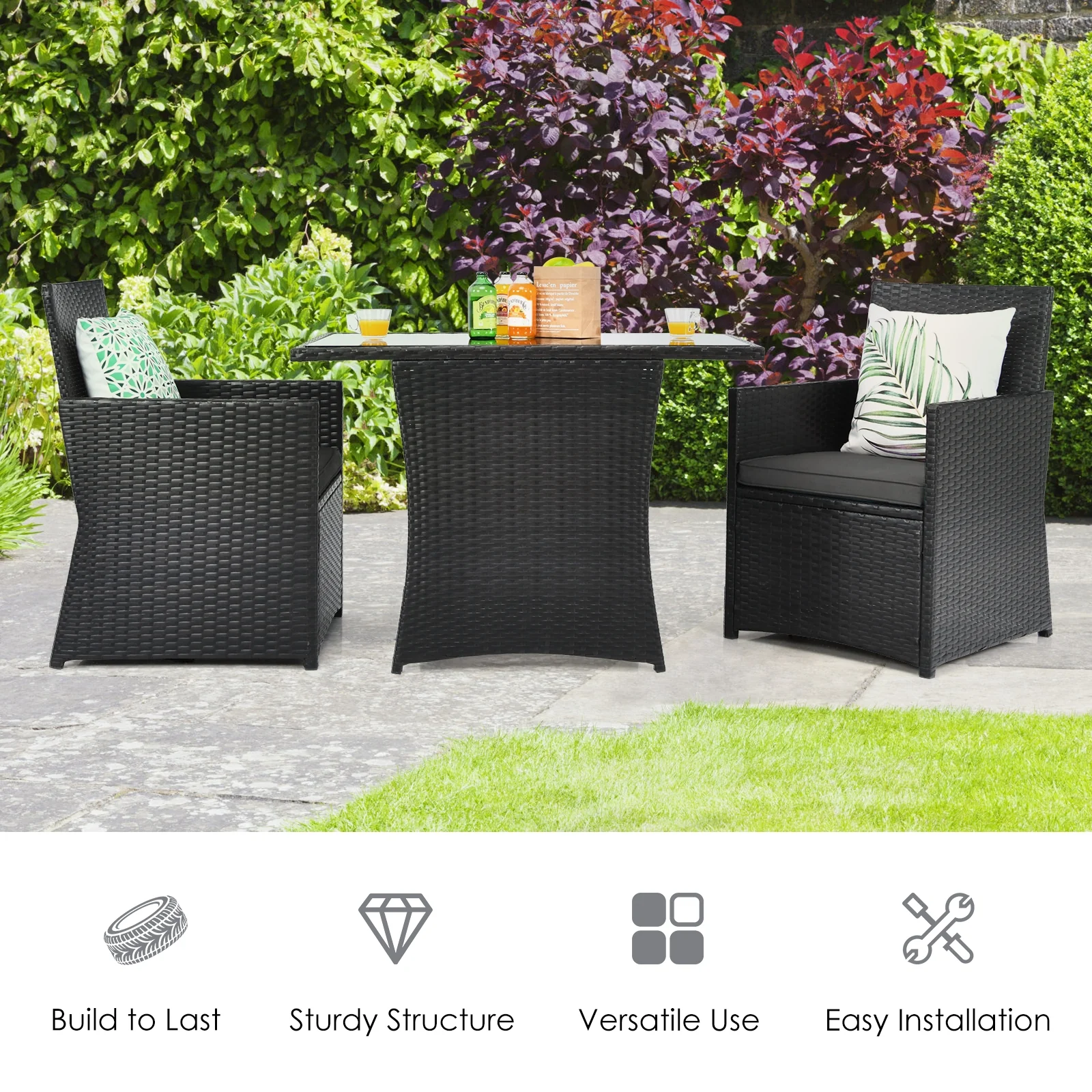 3 Piece Patio Rattan Furniture Set, With Cushion And Sofa Armrest, Gray - Image 3