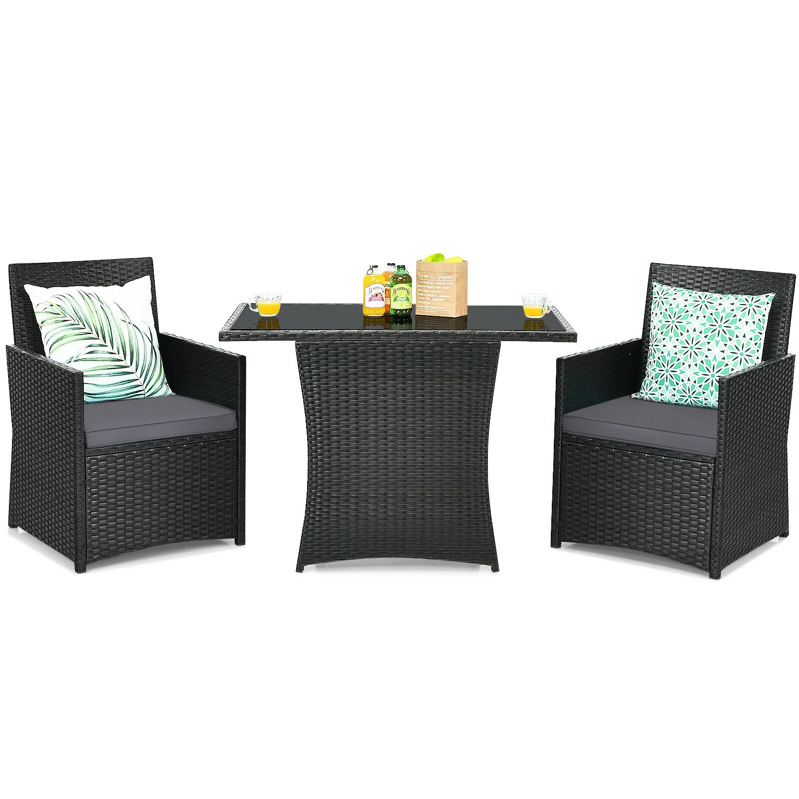 3 Piece Patio Rattan Furniture Set, With Cushion And Sofa Armrest, Gray - Image 4