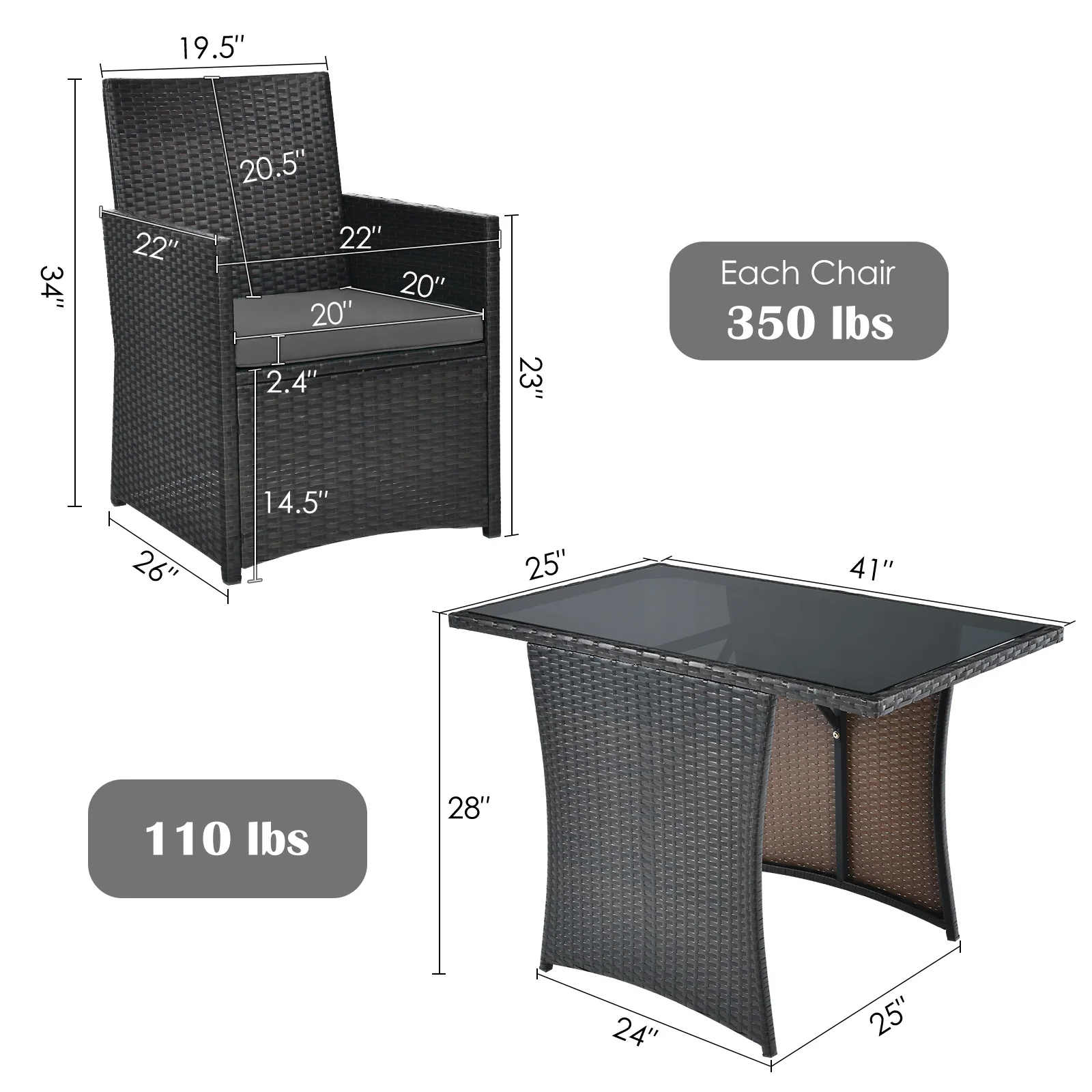 3 Piece Patio Rattan Furniture Set, With Cushion And Sofa Armrest, Gray - Image 5
