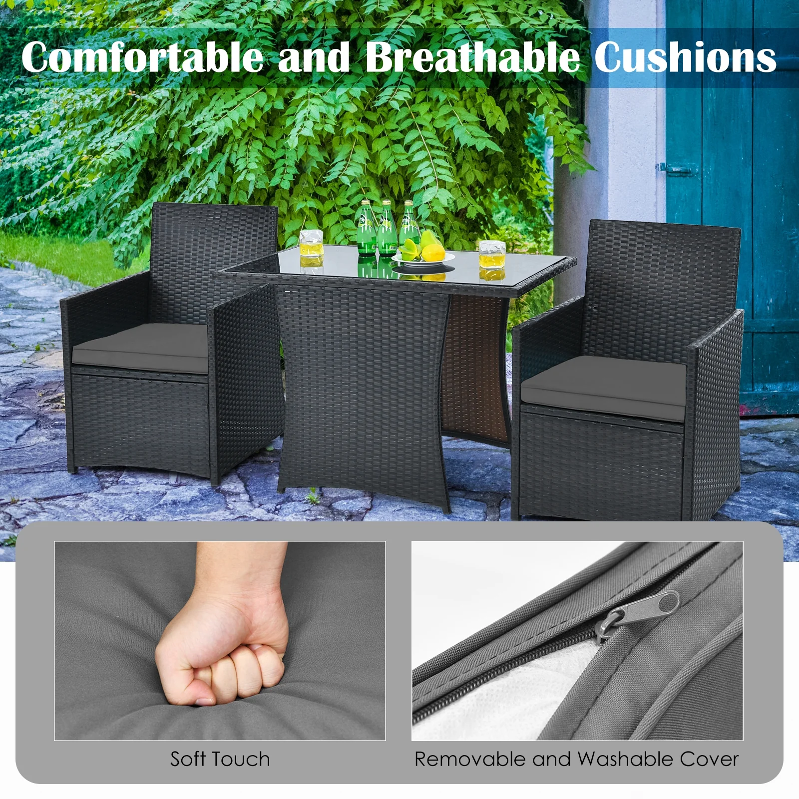 3 Piece Patio Rattan Furniture Set, With Cushion And Sofa Armrest, Gray - Image 6