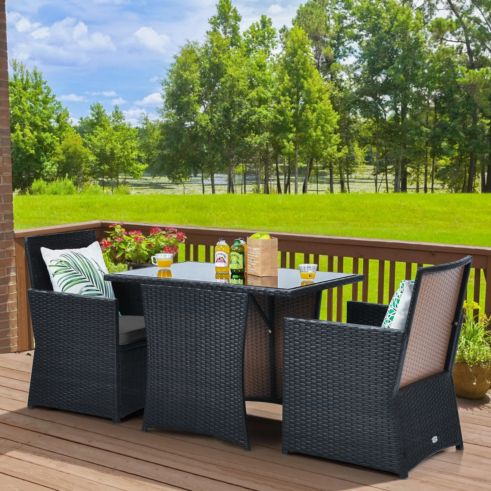 3 Piece Patio Rattan Furniture Set, With Cushion And Sofa Armrest, Gray - Image 7