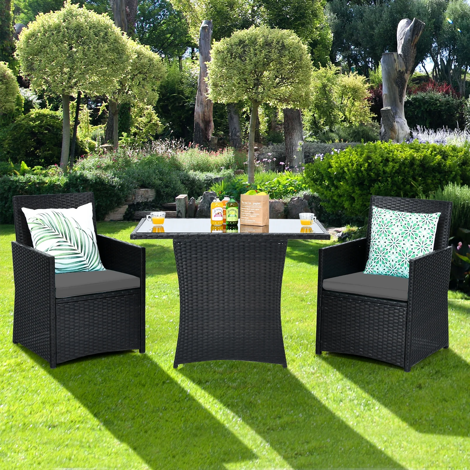 3 Piece Patio Rattan Furniture Set, With Cushion And Sofa Armrest, Gray - Image 8