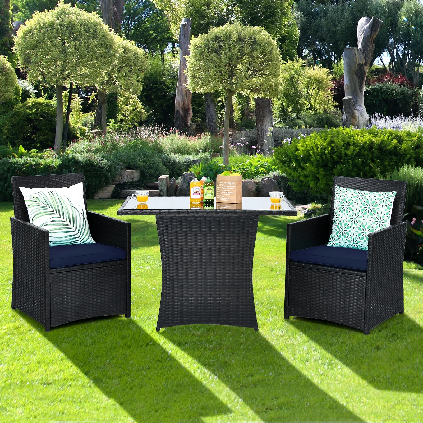 3 Piece Patio Rattan Furniture Set, With Cushion And Sofa Armrest, Navy - Image 2