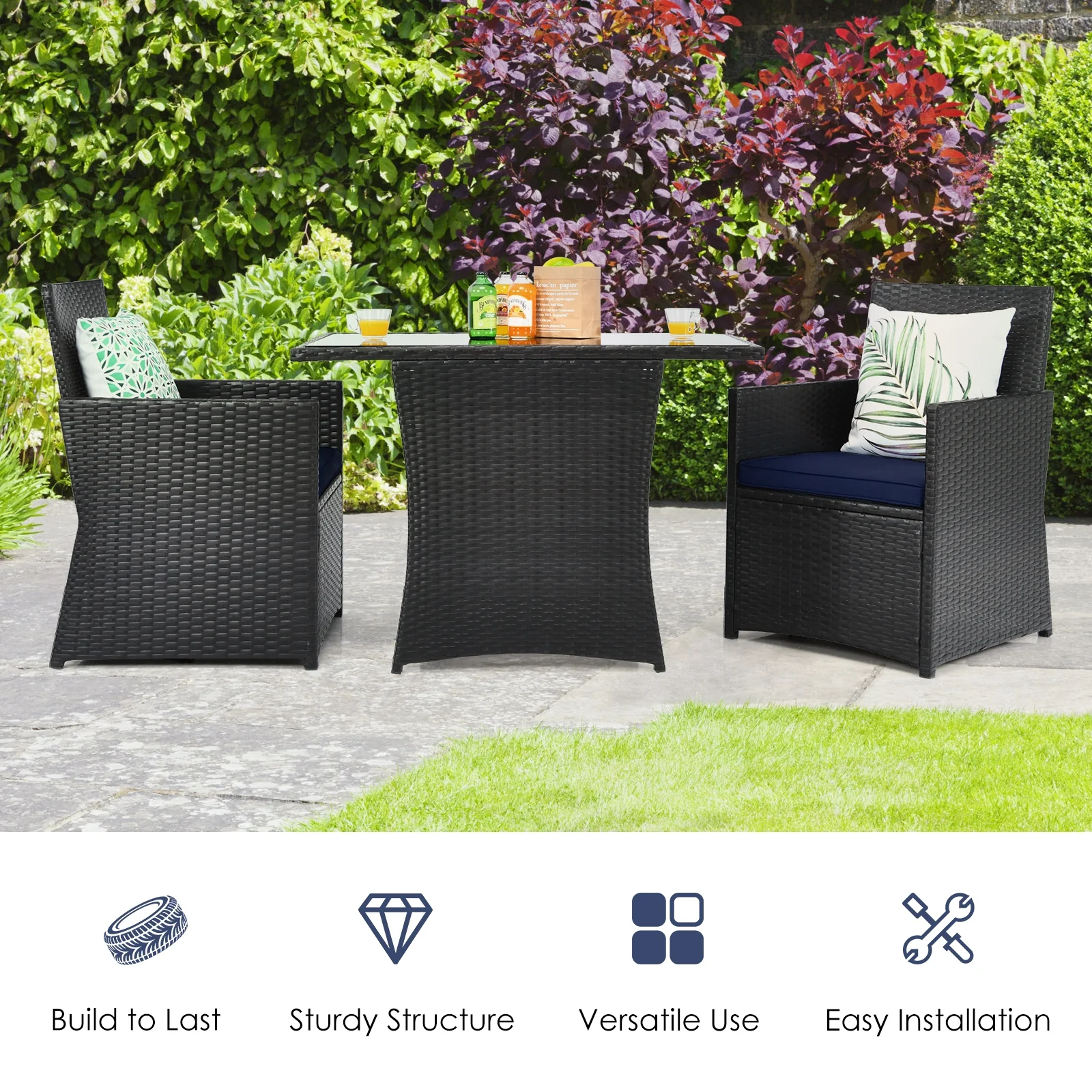 3 Piece Patio Rattan Furniture Set, With Cushion And Sofa Armrest, Navy - Image 3