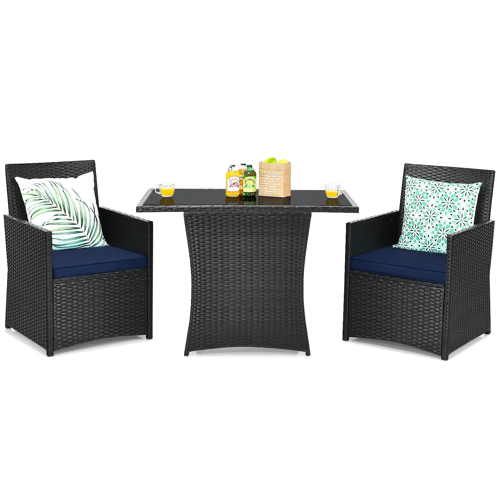 3 Piece Patio Rattan Furniture Set, With Cushion And Sofa Armrest, Navy - Image 4