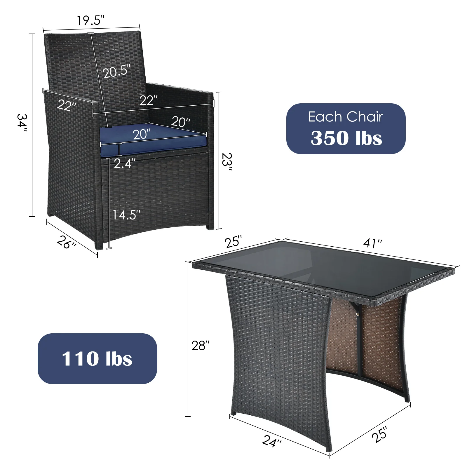 3 Piece Patio Rattan Furniture Set, With Cushion And Sofa Armrest, Navy - Image 5