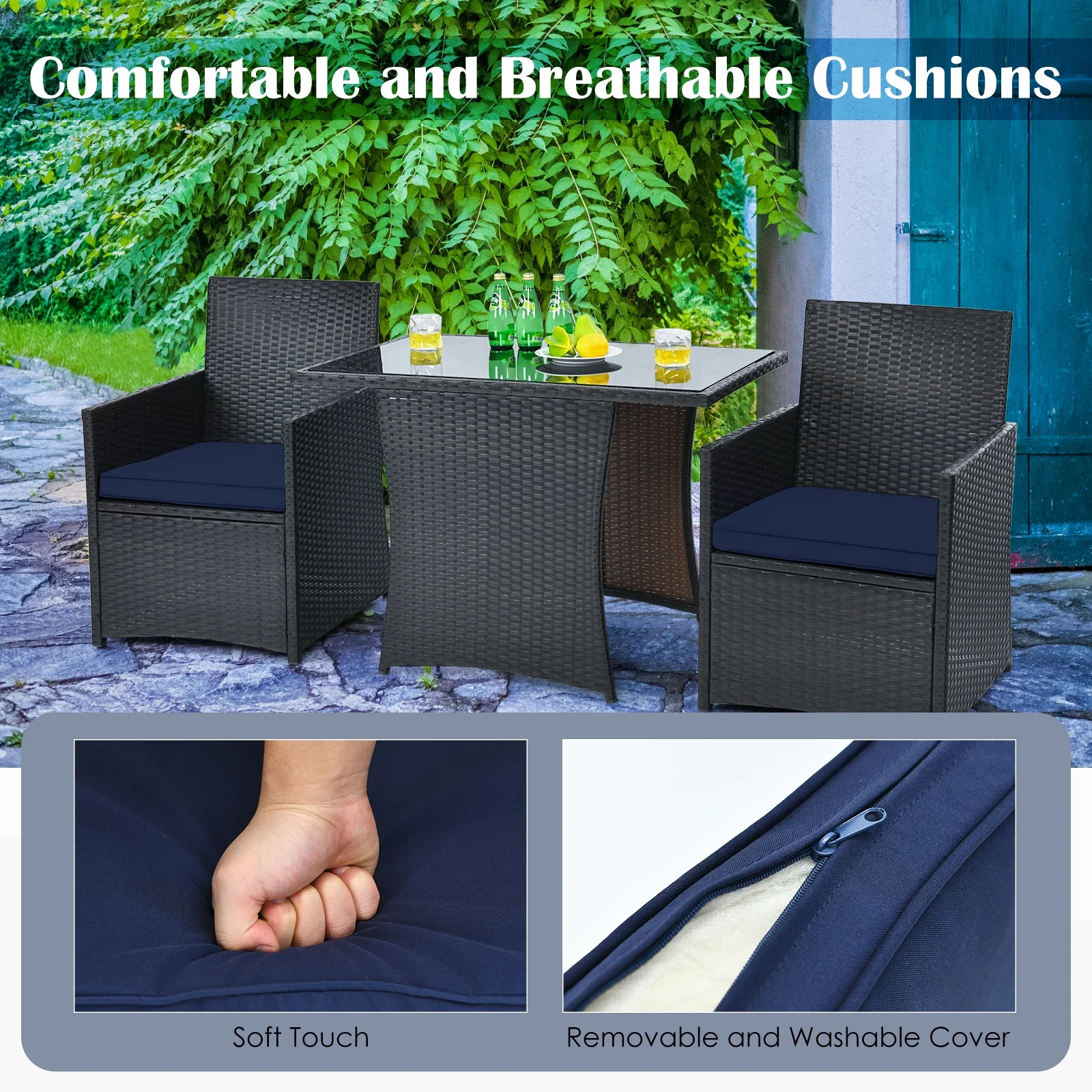 3 Piece Patio Rattan Furniture Set, With Cushion And Sofa Armrest, Navy - Image 6