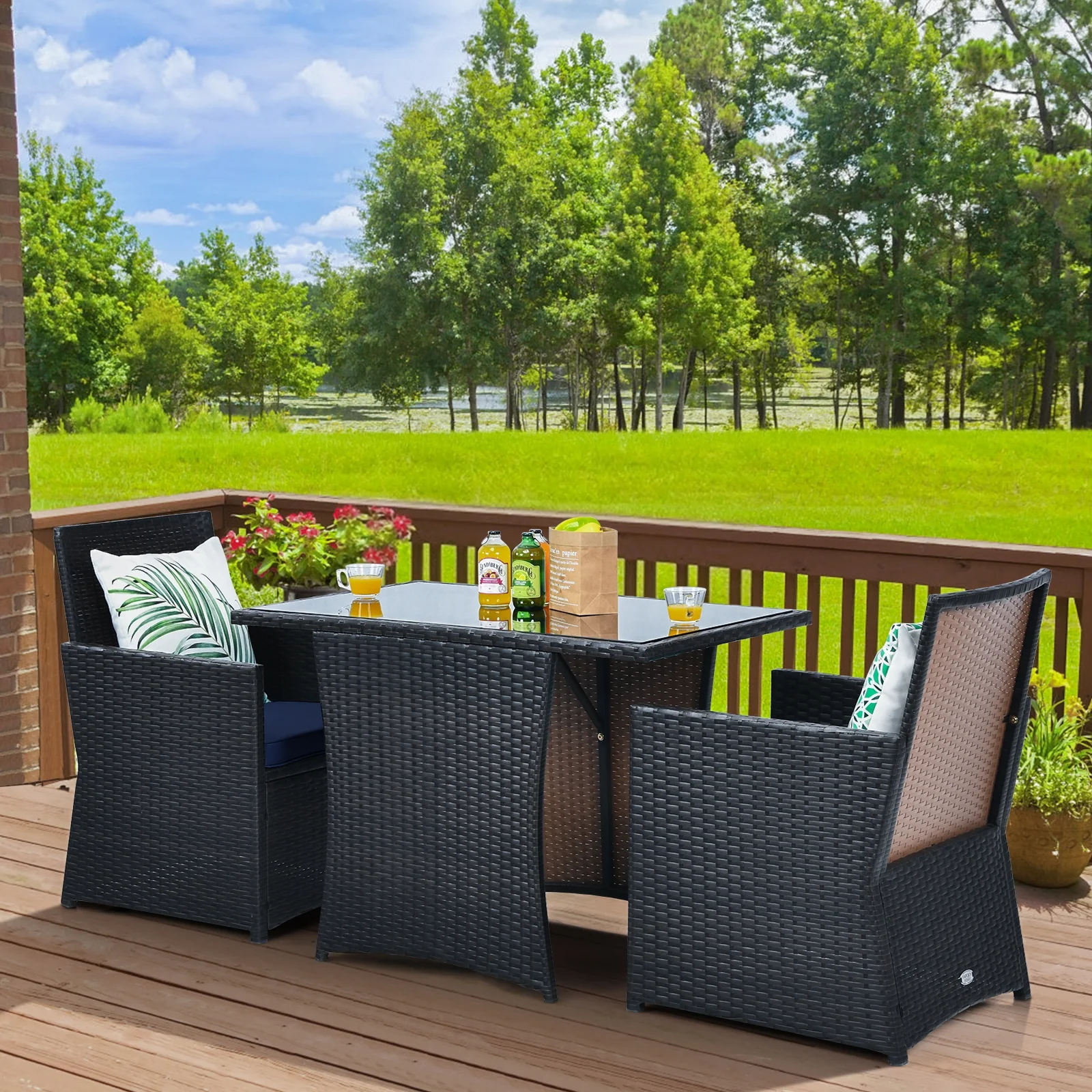 3 Piece Patio Rattan Furniture Set, With Cushion And Sofa Armrest, Navy - Image 7