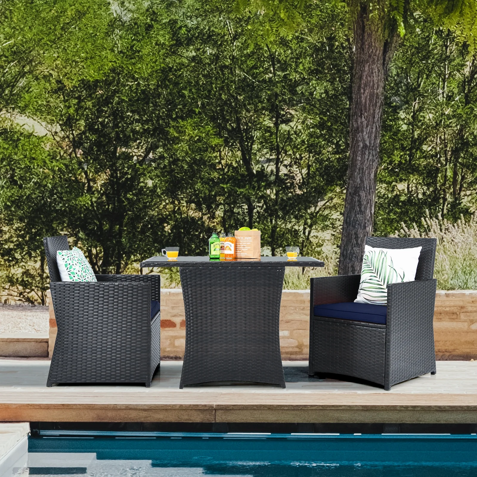 3 Piece Patio Rattan Furniture Set, With Cushion And Sofa Armrest, Navy - Image 8