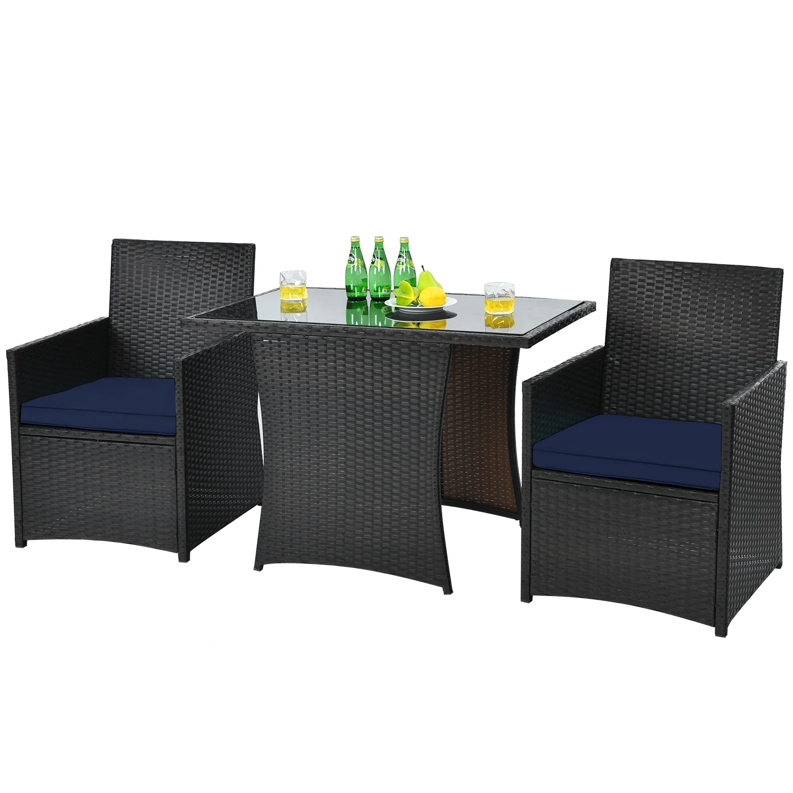3 Piece Patio Rattan Furniture Set, With Cushion And Sofa Armrest, Navy - Image 9