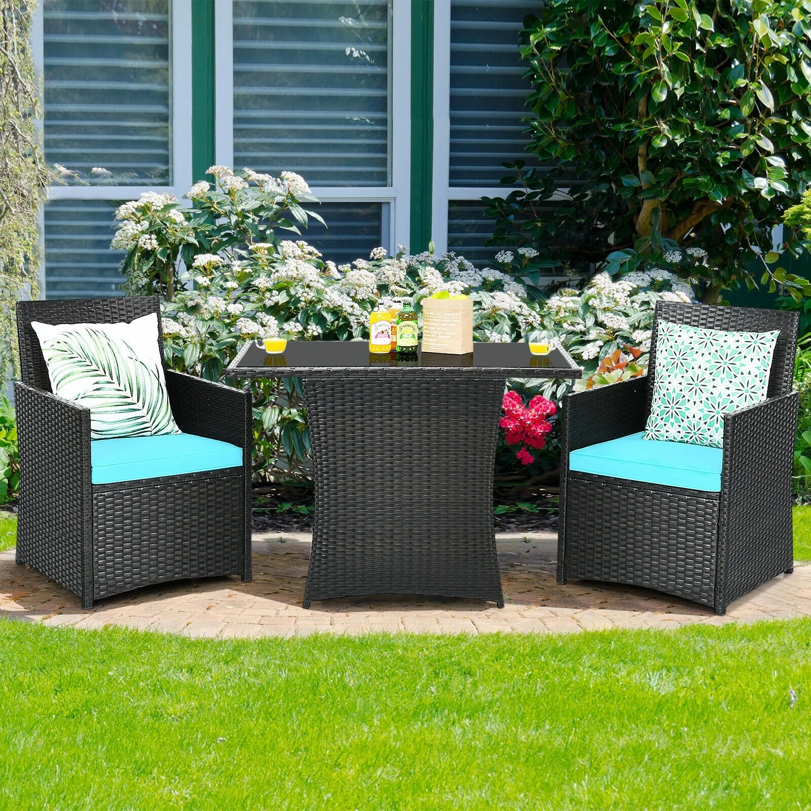 3-Piece Patio Rattan Furniture Set With Cushion, Turquoise - Image 2