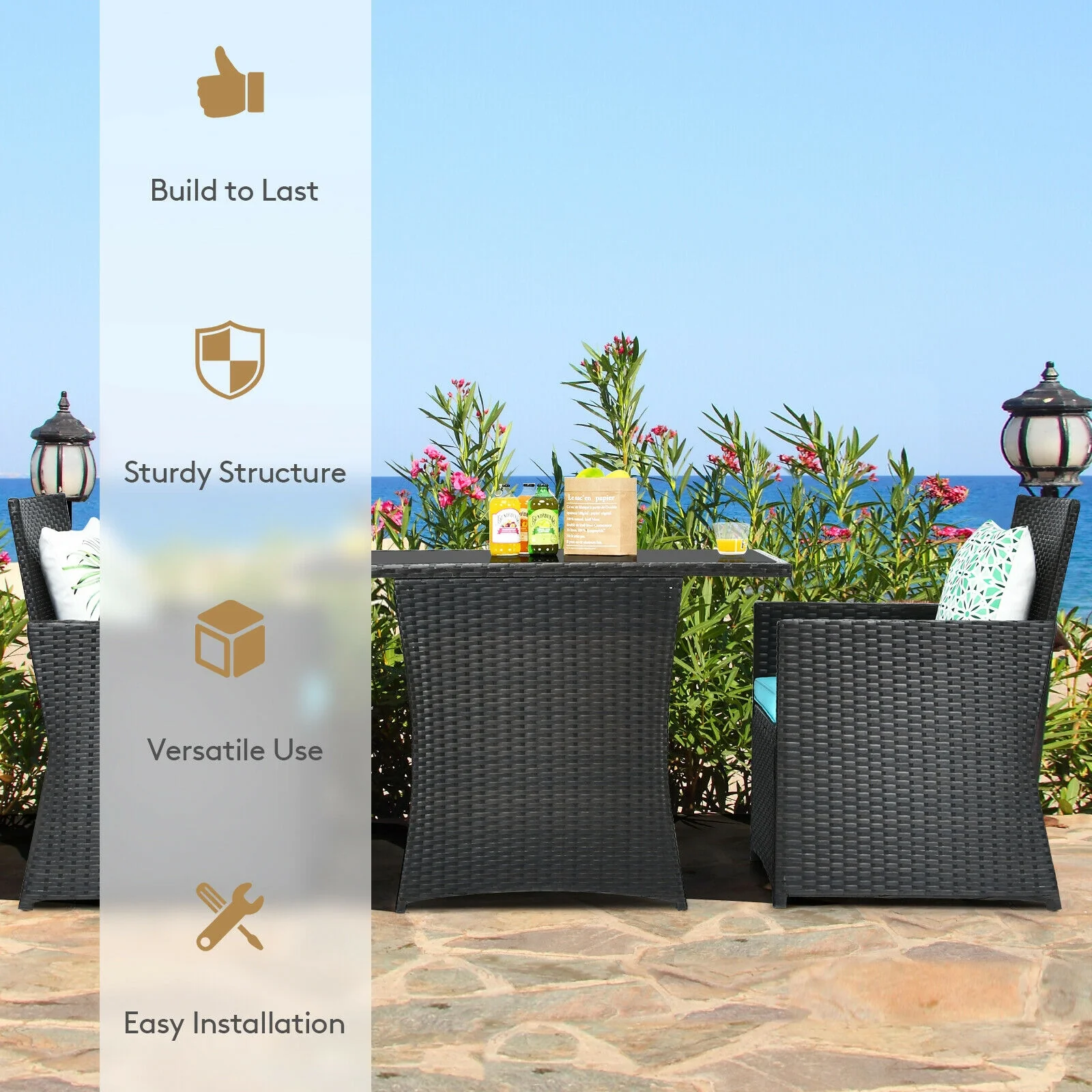 3-Piece Patio Rattan Furniture Set With Cushion, Turquoise - Image 3