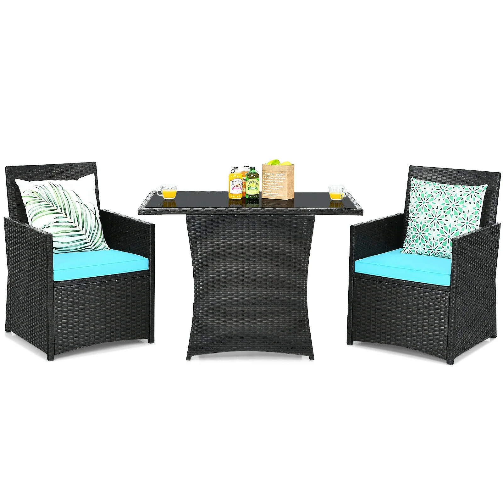 3-Piece Patio Rattan Furniture Set With Cushion, Turquoise - Image 4