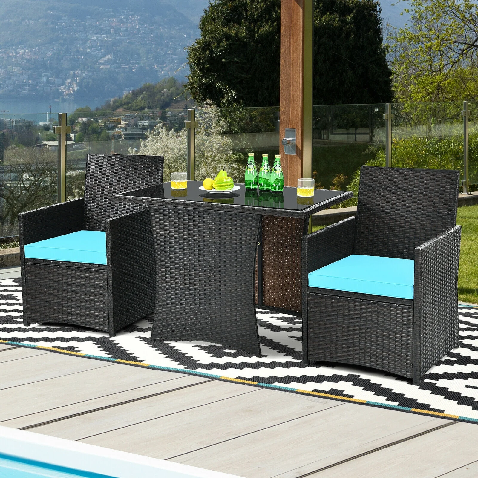3-Piece Patio Rattan Furniture Set With Cushion, Turquoise - Image 8