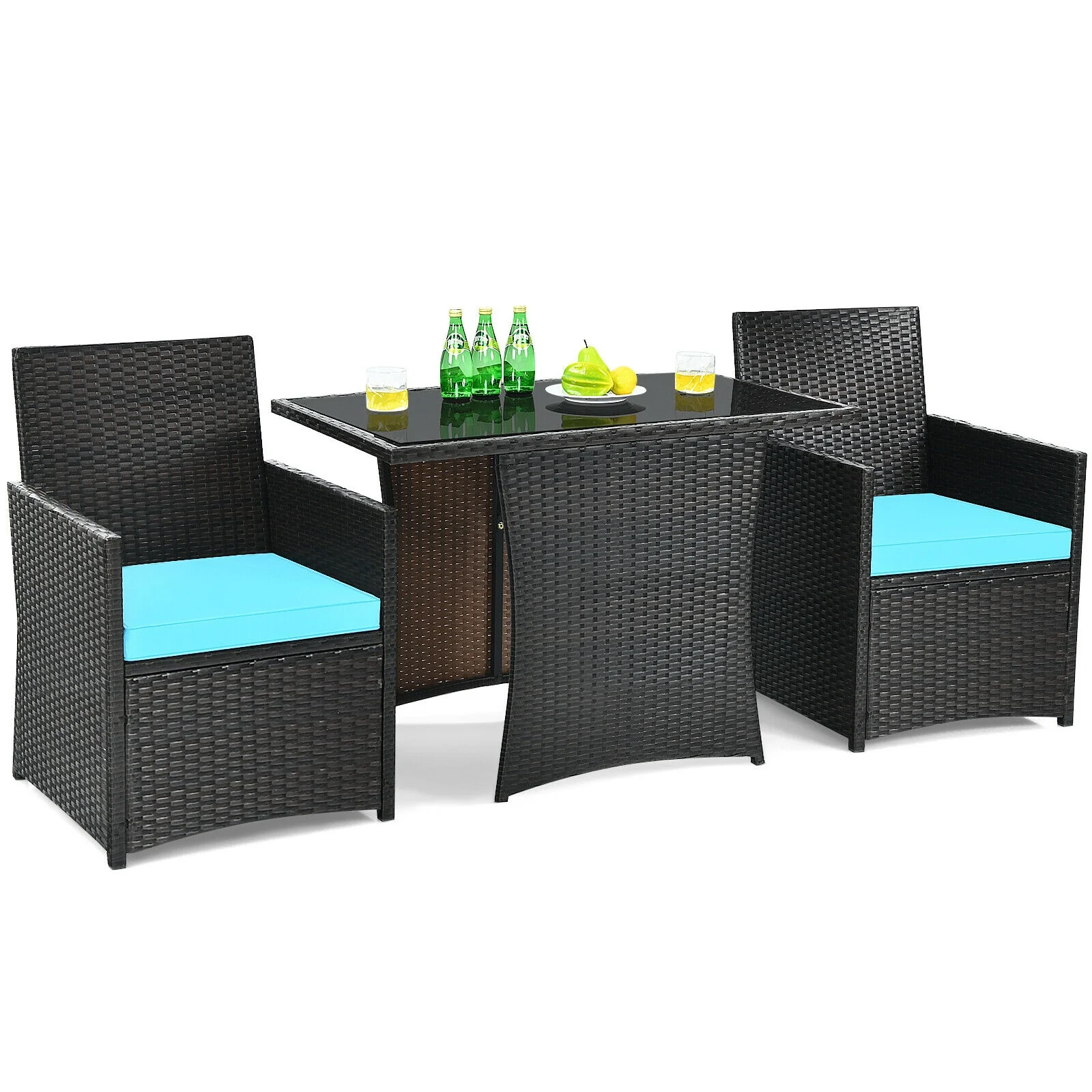 3-Piece Patio Rattan Furniture Set With Cushion, Turquoise - Image 9