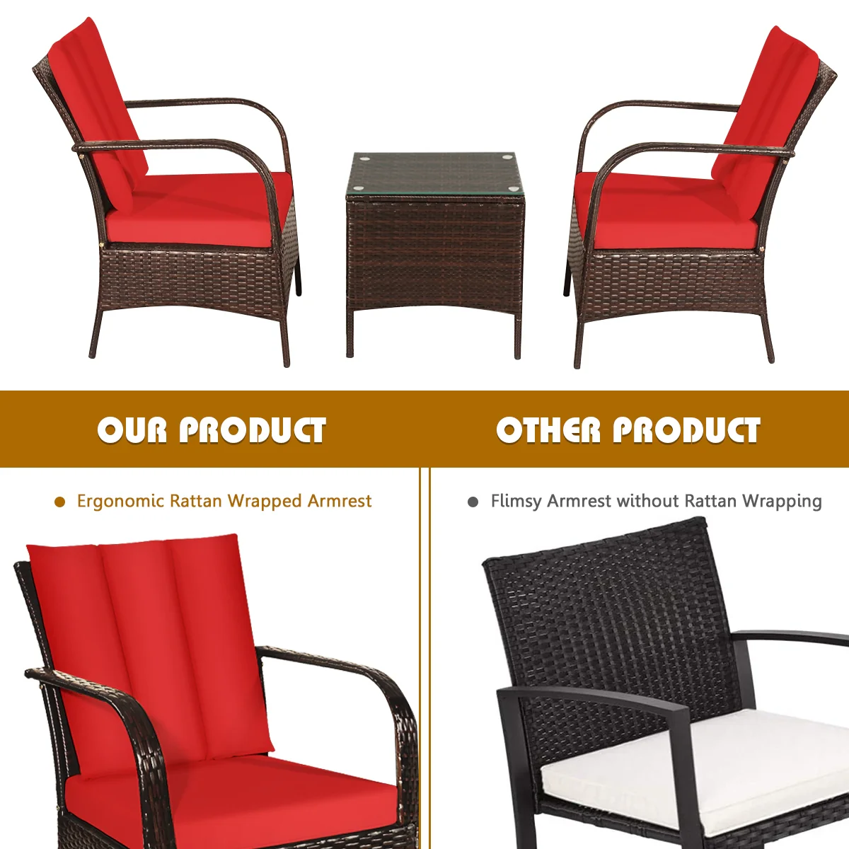 3 Piece Patio Rattan Furniture Set With Cushions, Red - Image 10