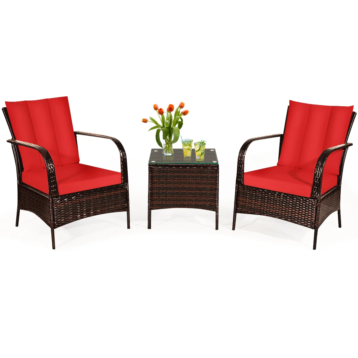 3 Piece Patio Rattan Furniture Set With Cushions, Red - Image 4