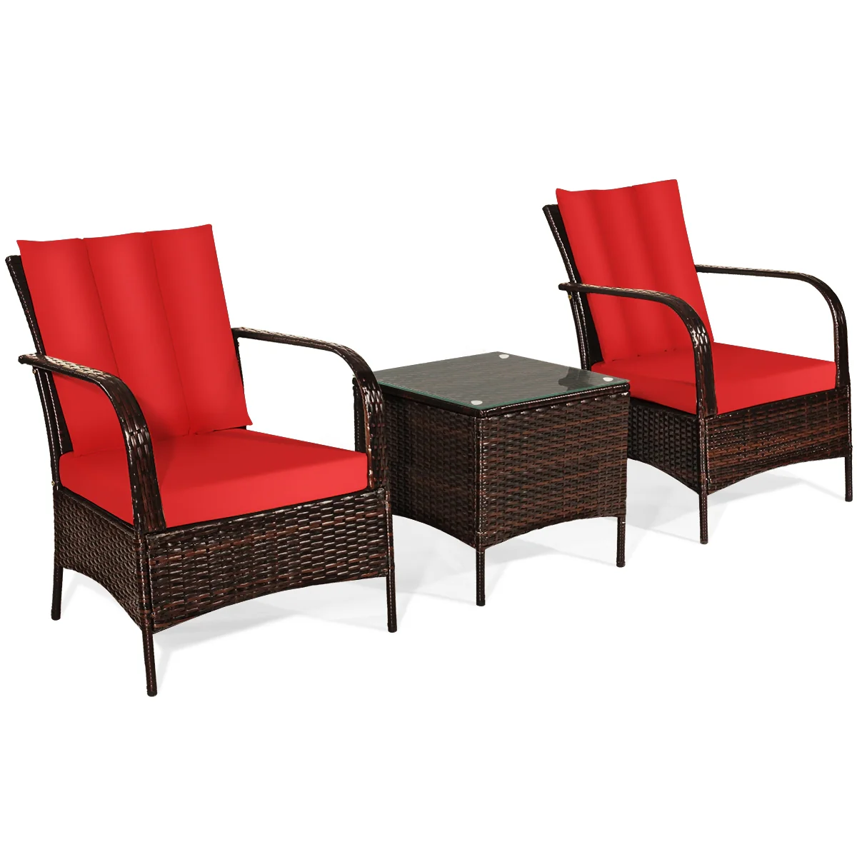 3 Piece Patio Rattan Furniture Set With Cushions, Red - Image 5