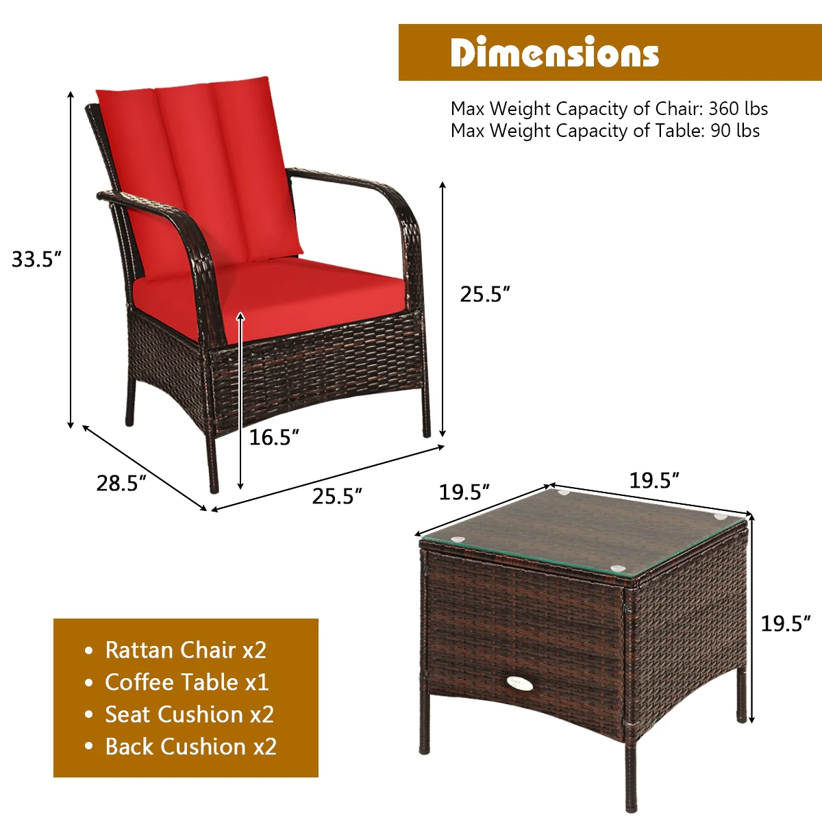 3 Piece Patio Rattan Furniture Set With Cushions, Red - Image 6