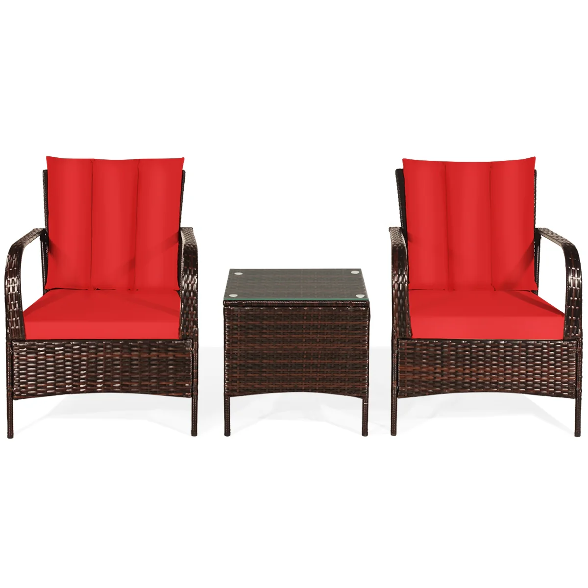 3 Piece Patio Rattan Furniture Set With Cushions, Red - Image 7
