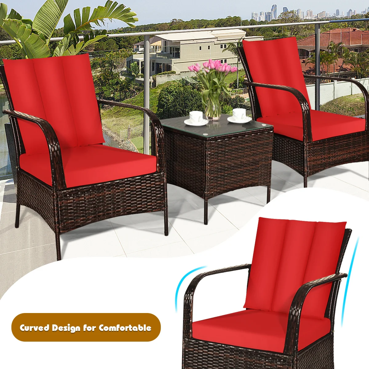 3 Piece Patio Rattan Furniture Set With Cushions, Red - Image 8