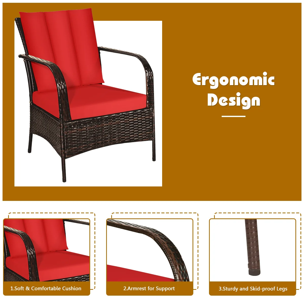 3 Piece Patio Rattan Furniture Set With Cushions, Red - Image 9
