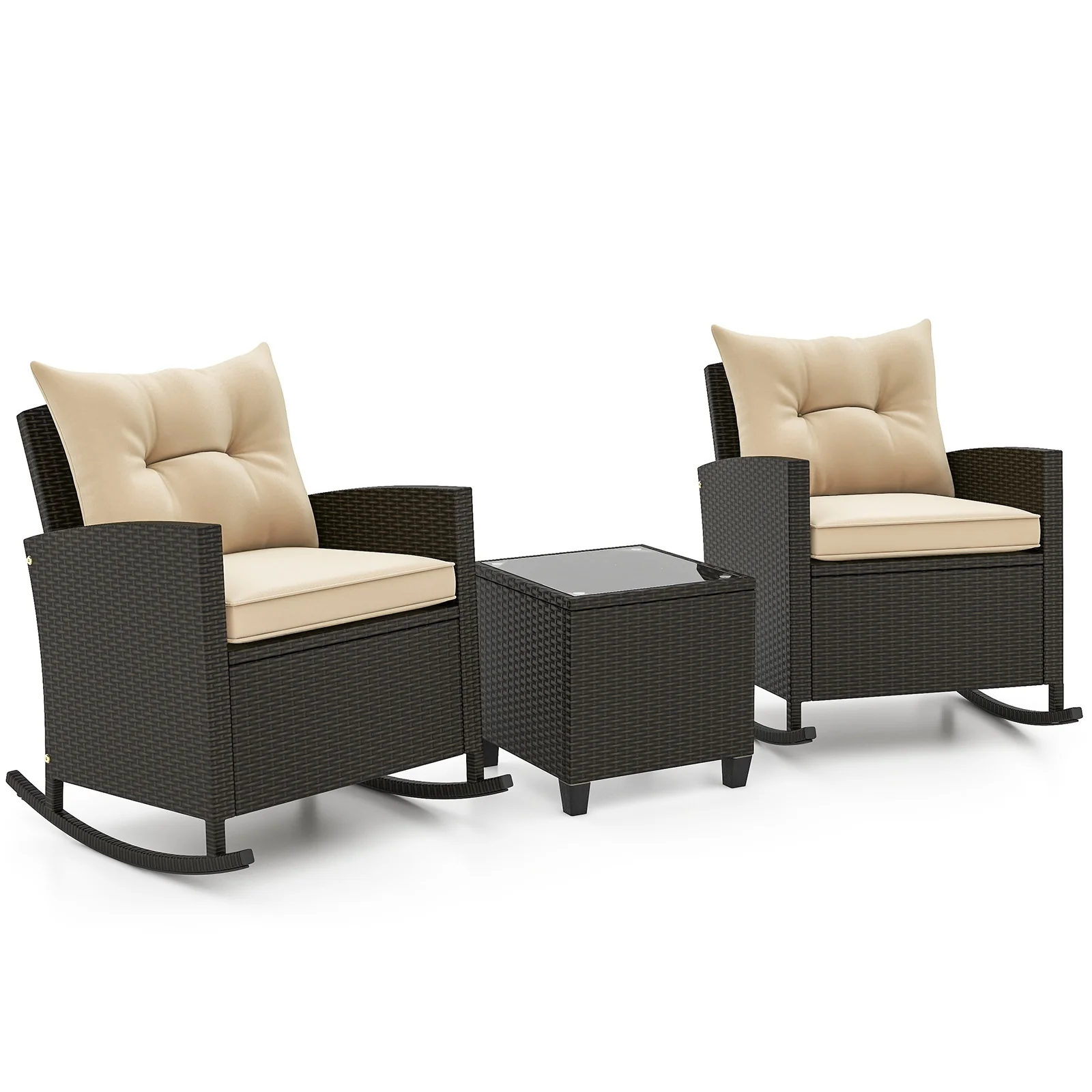 3-Piece Patio Rattan Rocker Chairs, Tempered Glass Table, Soft Cushions, Beige
