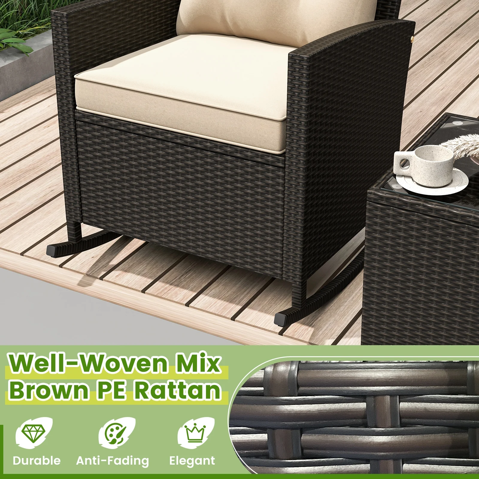 3-Piece Patio Rattan Rocker Chairs, Tempered Glass Table, Soft Cushions, Beige - Image 10
