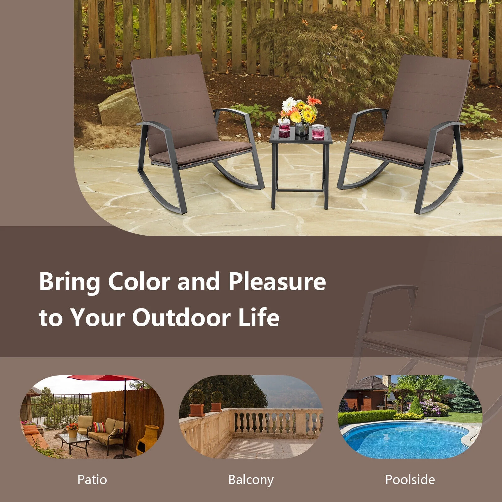 3 Piece Patio Rattan Rocking Set, Brown - Image 10
