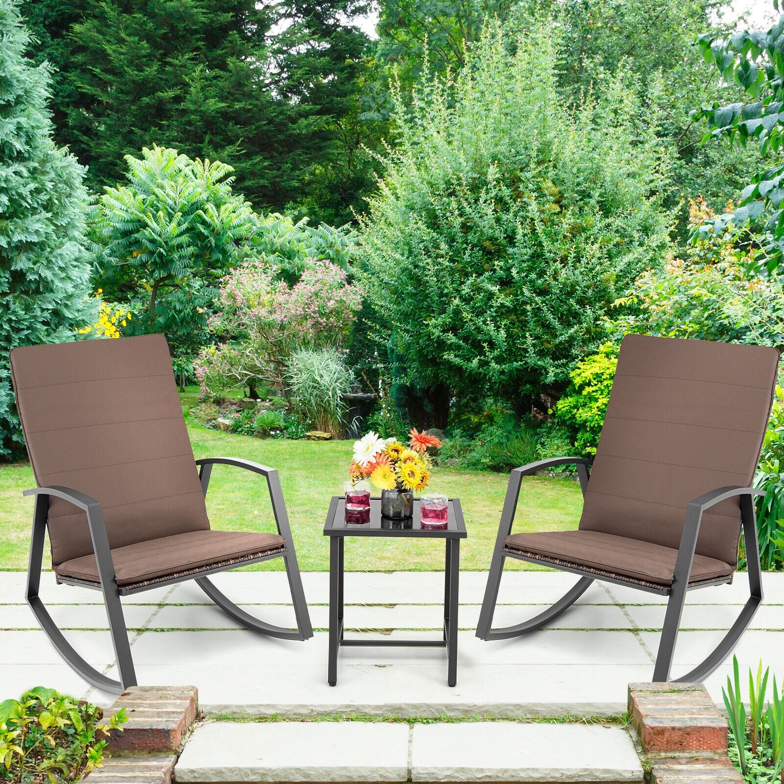 3 Piece Patio Rattan Rocking Set, Brown - Image 2