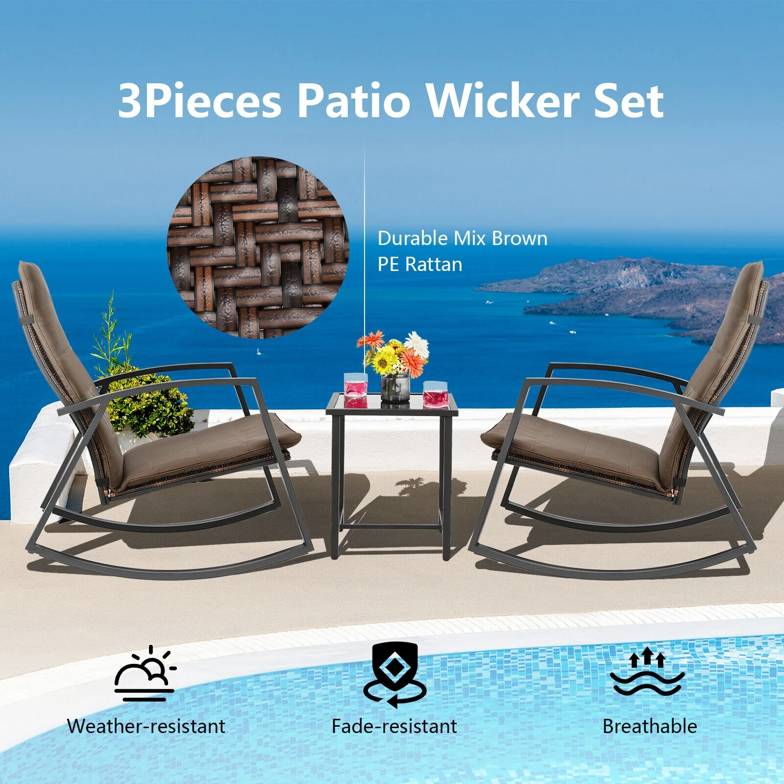 3 Piece Patio Rattan Rocking Set, Brown - Image 4
