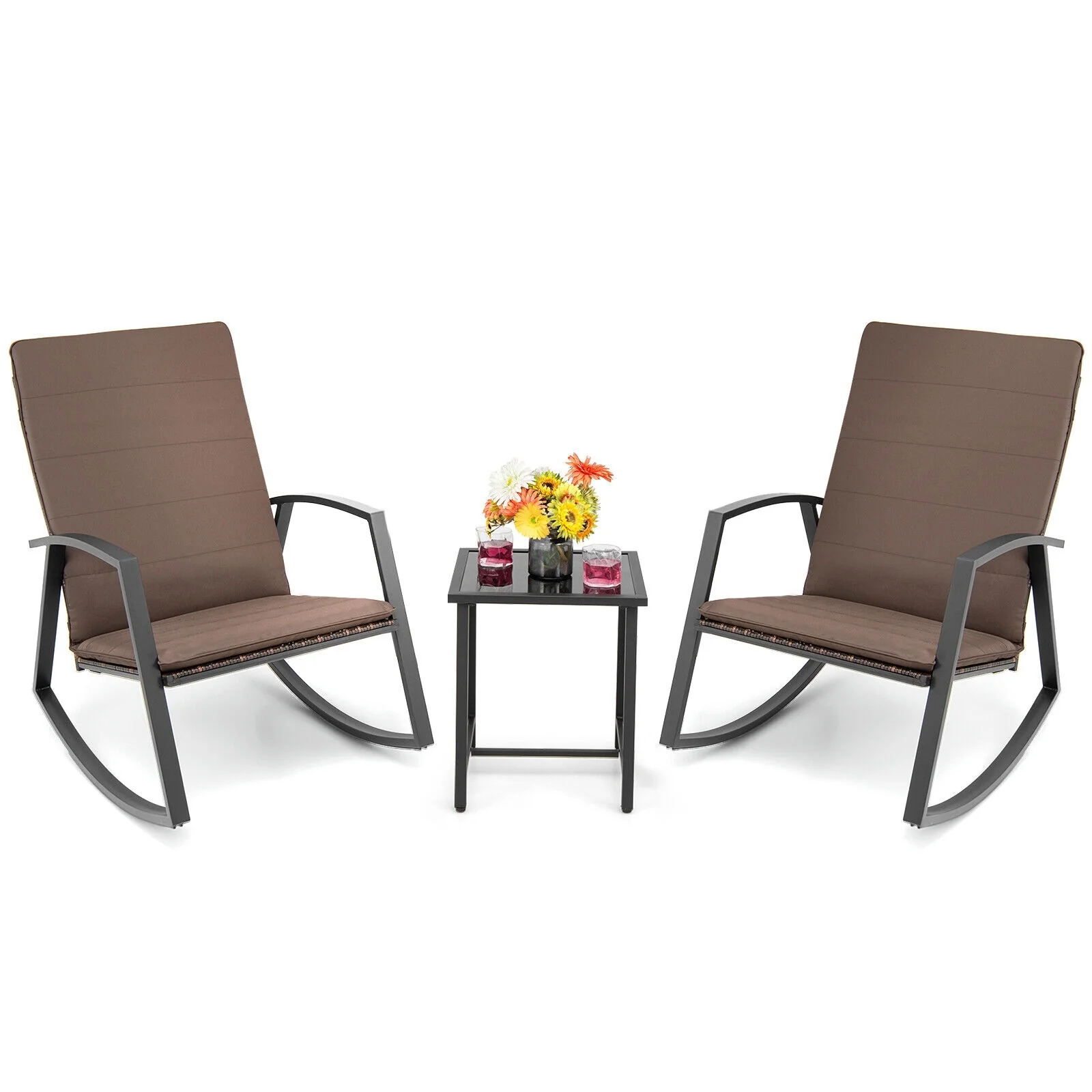 3 Piece Patio Rattan Rocking Set, Brown - Image 8