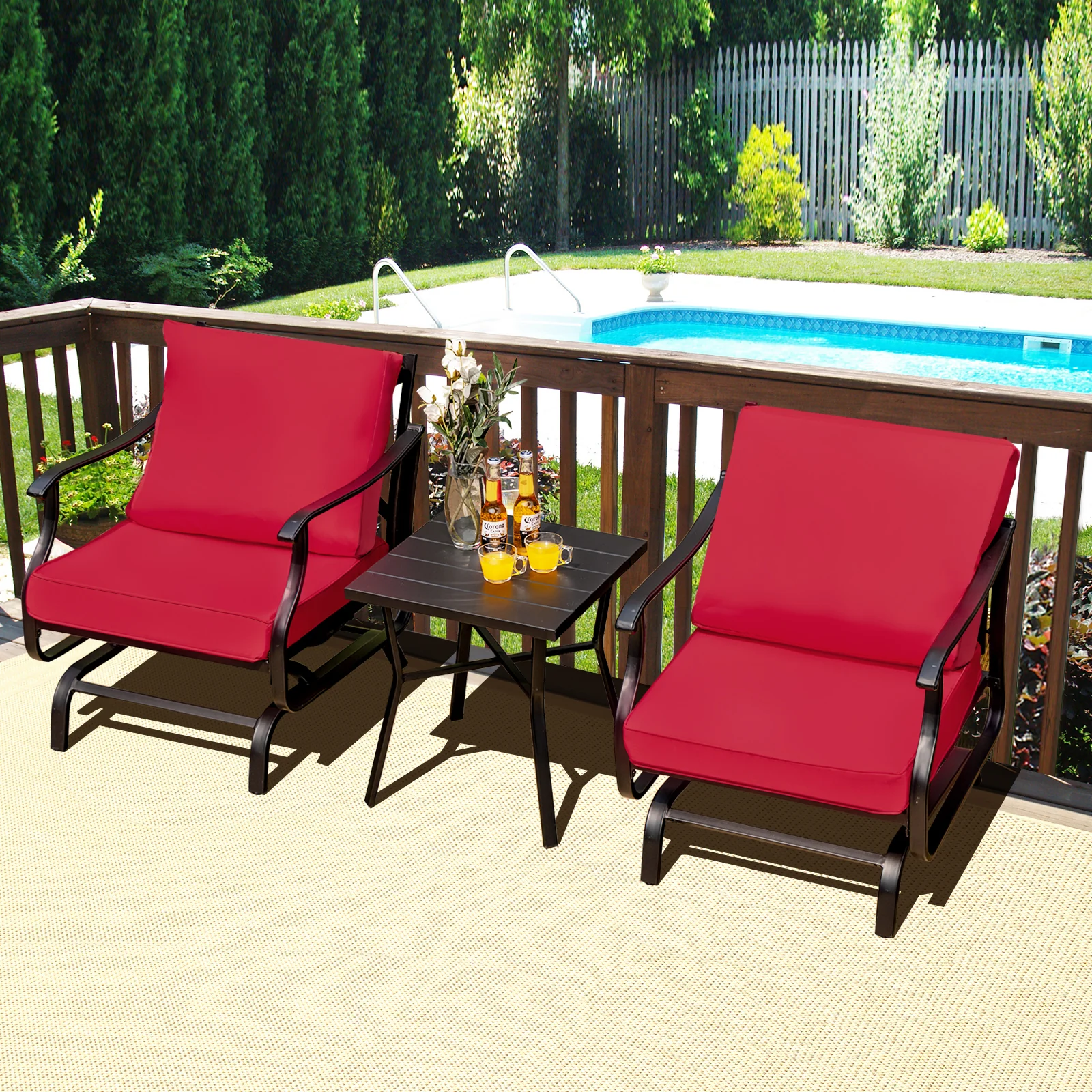 3 Piece Patio Rocking Chair Set With Coffee Table, Red - Image 2