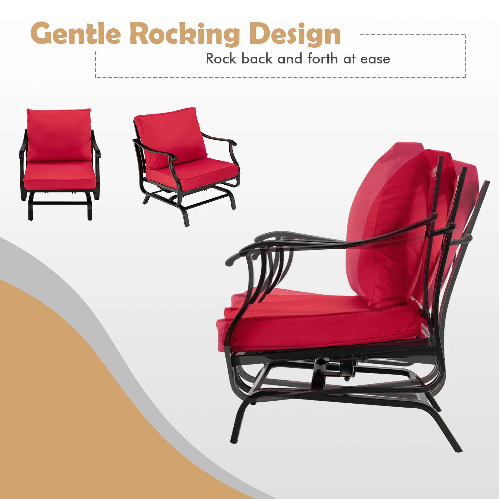 3 Piece Patio Rocking Chair Set With Coffee Table, Red - Image 7